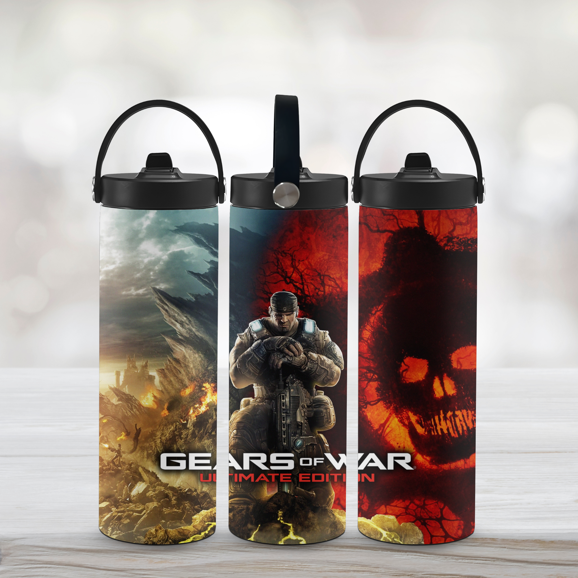 Three 'Gears of War' sports water bottles on a wooden surface with a white background.