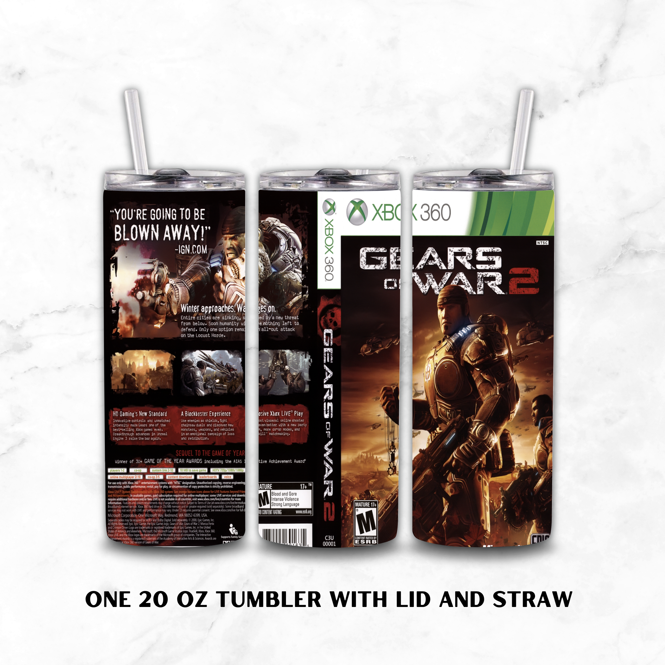 Three views of a 20 oz insulated tumbler with lid and straw, wrapped in a Gears of War 2 Xbox 360 themed wrap, on a white marble background.