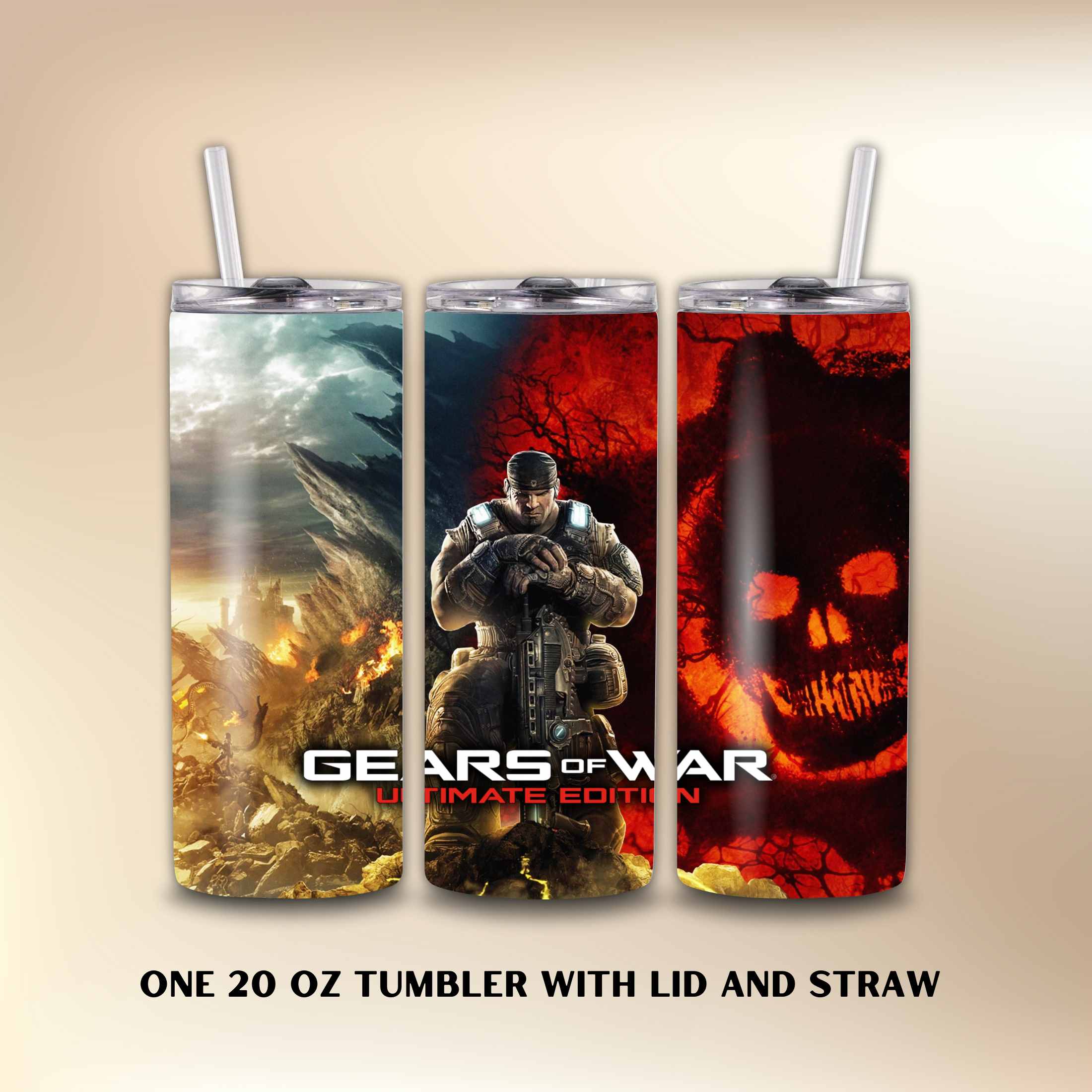Three 'Gears of War' themed tumblers with lids and straws on a beige background.