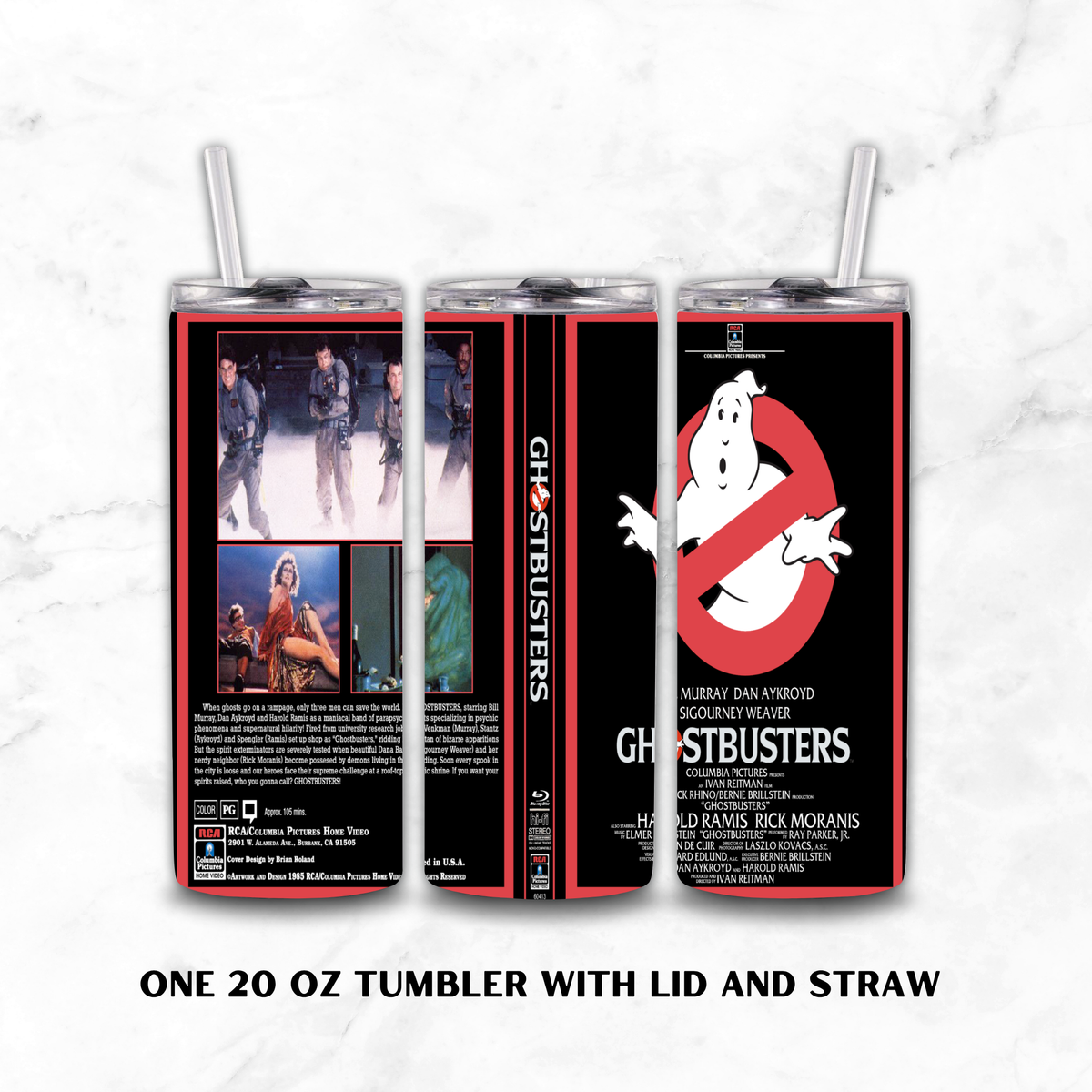 Three views of a 20oz tumbler with lid and straw featuring "Ghostbusters" movie design on a white marble background.