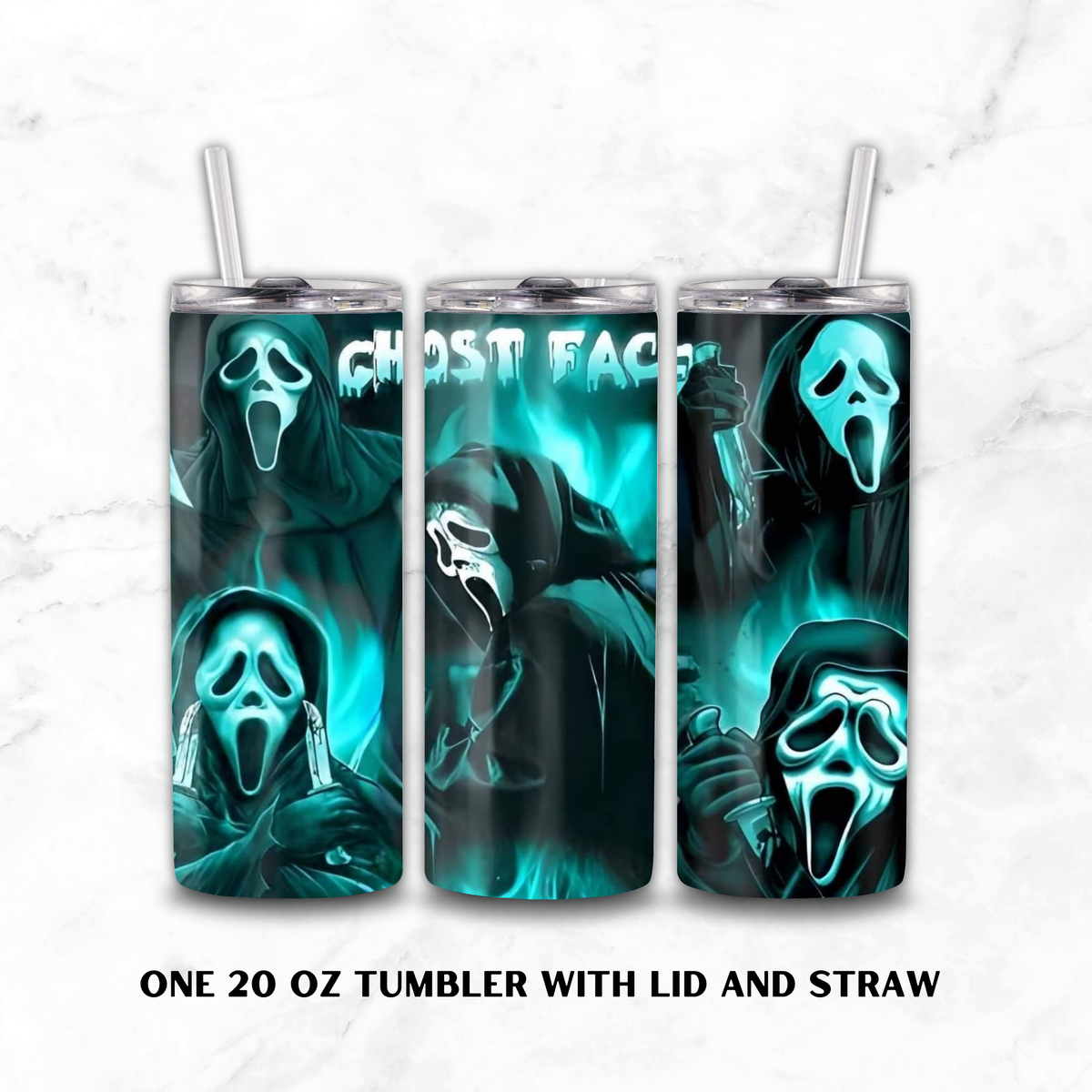 Three views of a 20 oz skinny tumbler with lid and straw, featuring a Ghostface-themed wrap design in glowing teal and black, set against a light marble background with text reading 'ONE 20 OZ TUMBLER WITH LID AND STRAW'.