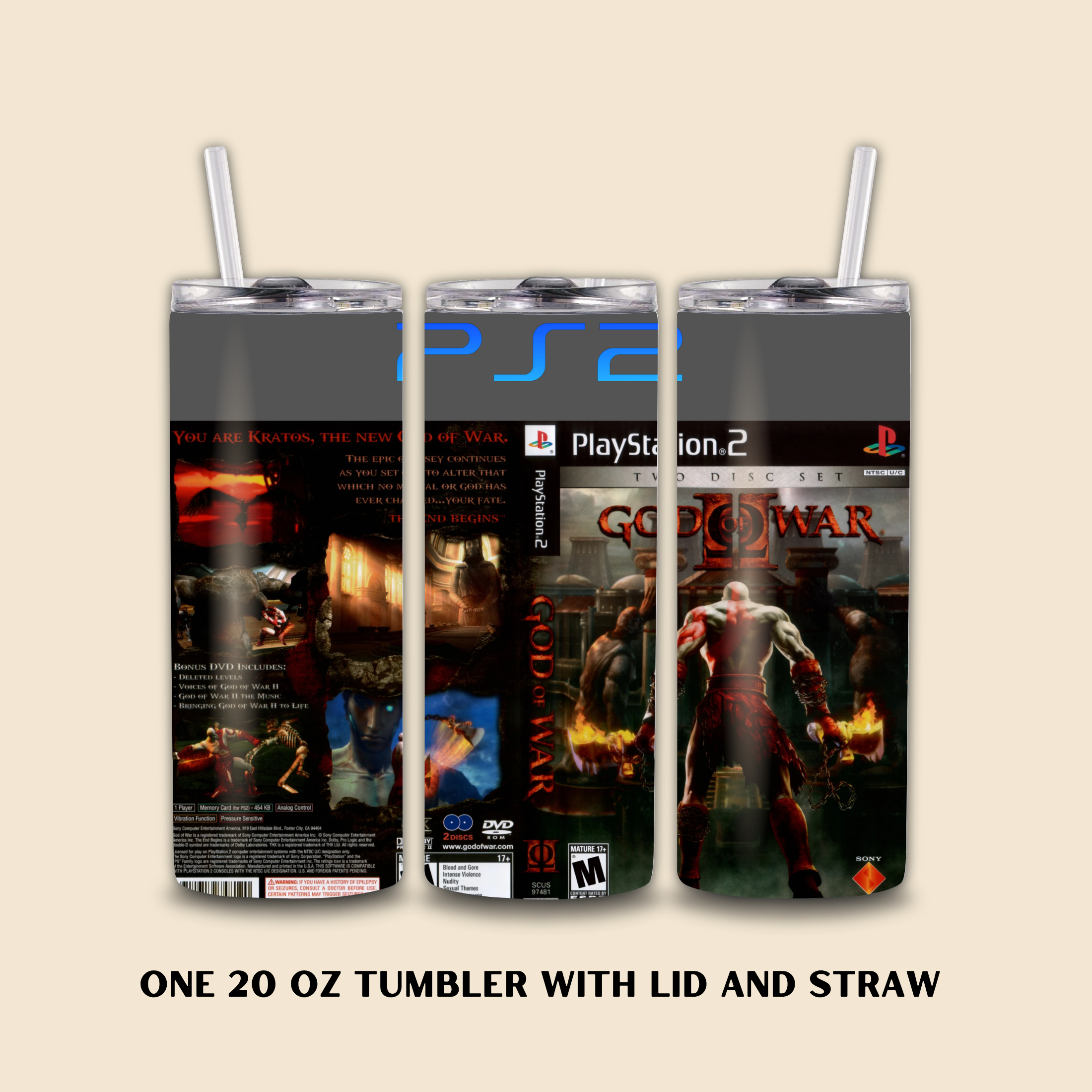 Three 20 oz tumblers with 'God of War' and PlayStation 2 design on a beige background.
