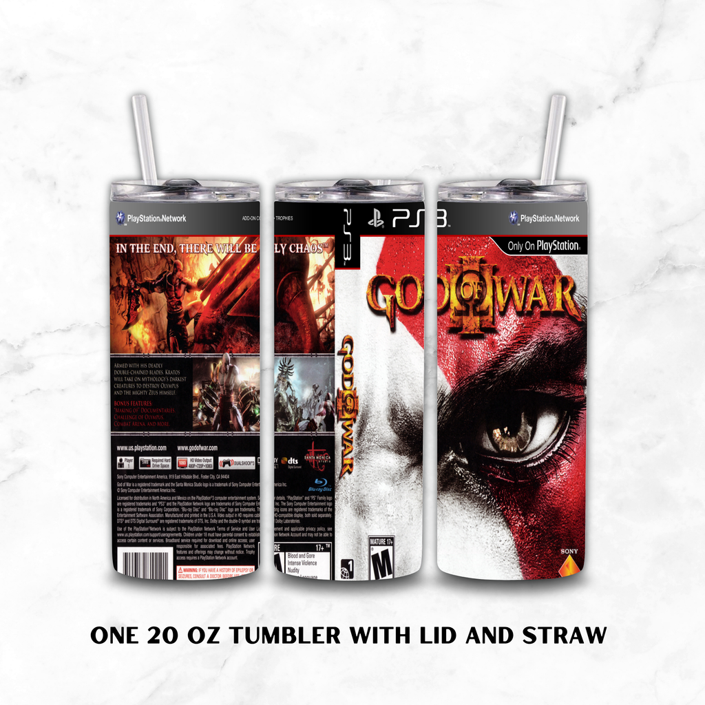 Three views of a 20 oz stainless steel tumbler with lid and straw, wrapped in a God of War III PlayStation 3 themed wrap, displayed on a white marble background.