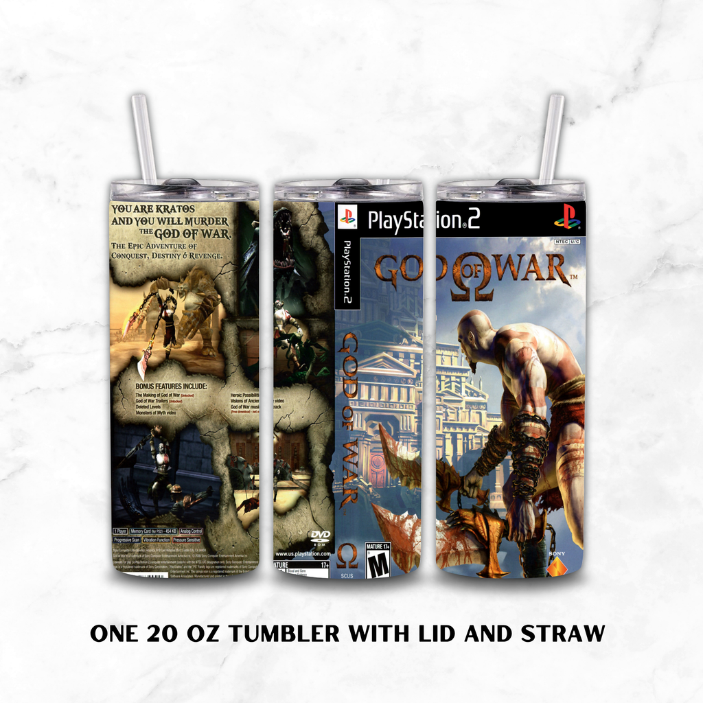 Three views of a 20 oz tumbler with lid and straw, featuring custom wrap-around graphics from the video game God of War, displayed on a white marble background with text reading 'ONE 20 OZ TUMBLER WITH LID AND STRAW'.