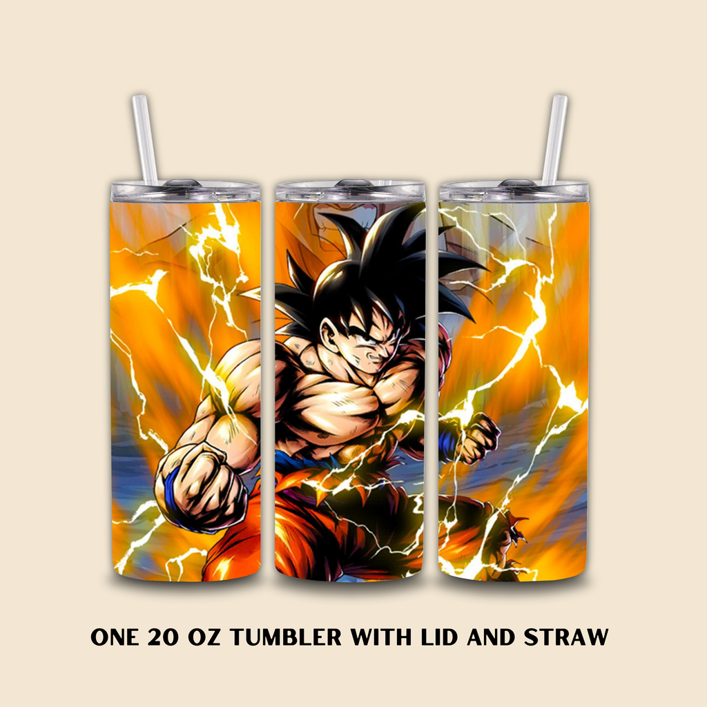 Three 20 oz tumblers with a character Goku design on a beige background