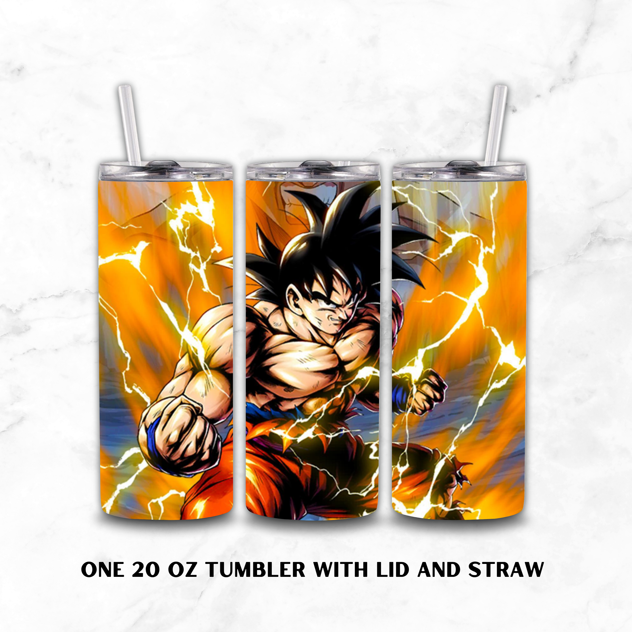 Three views of a 20oz tumbler with anime Goku artwork on a white marble background. 