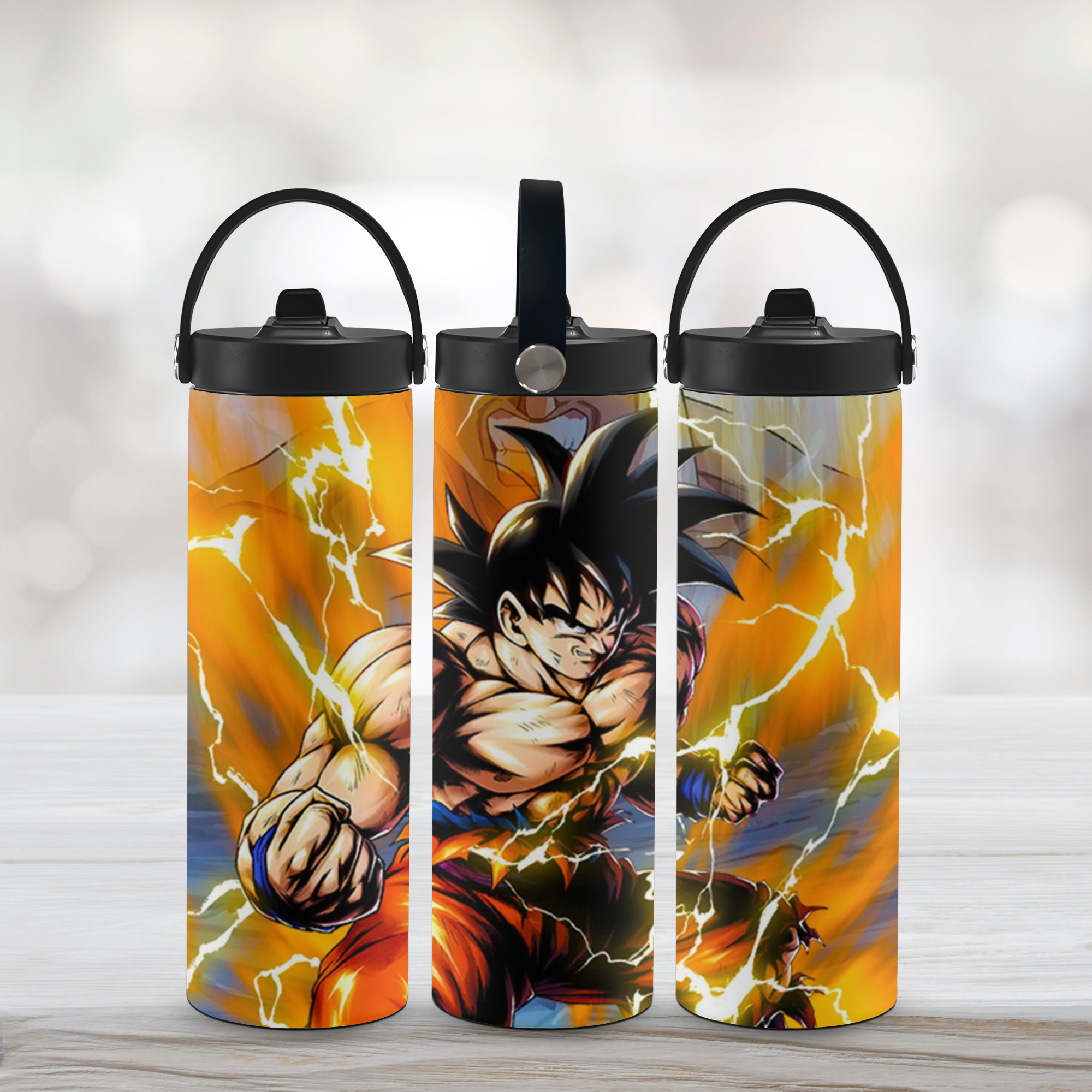 Three water bottles with a character Goku design on a light background