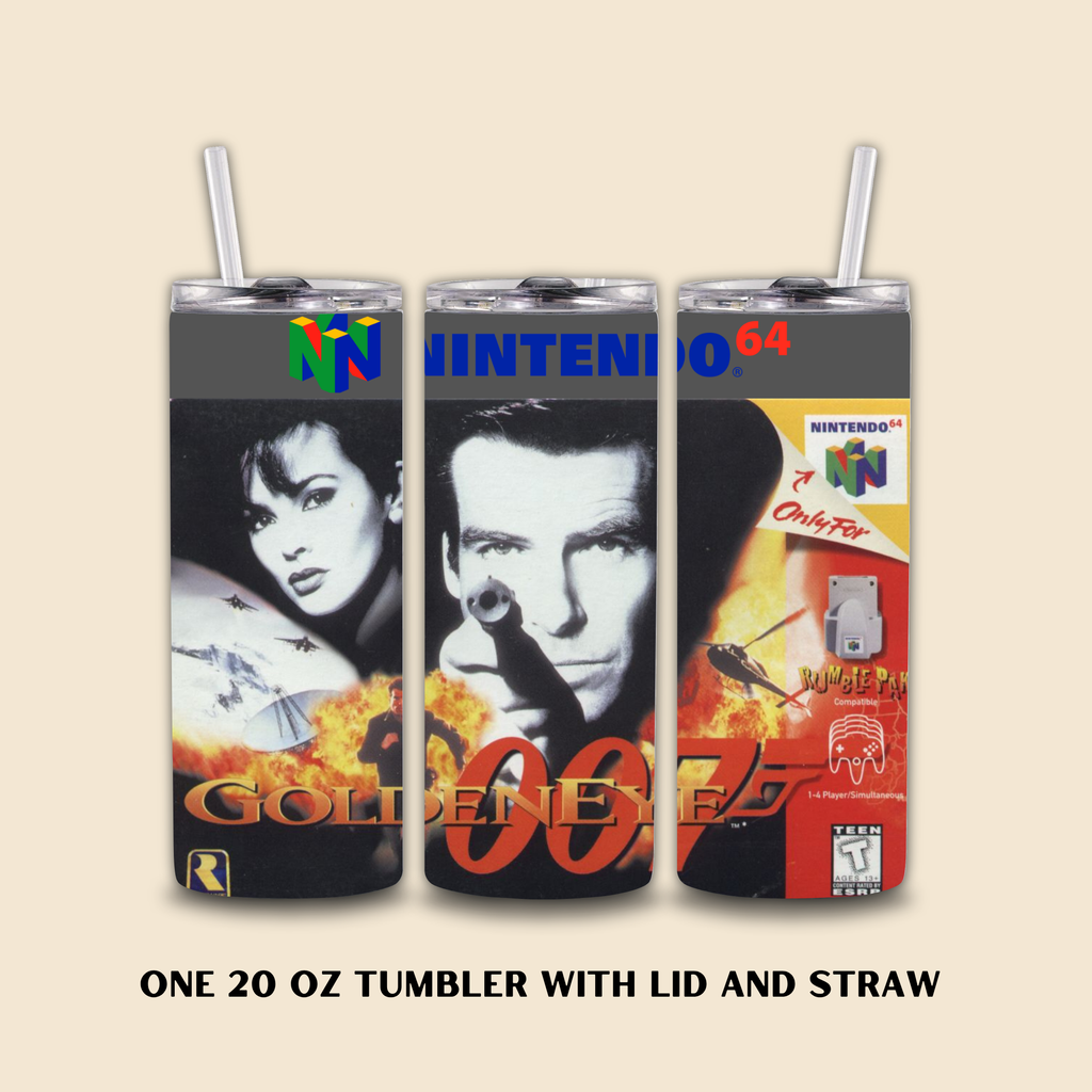 Three tumbler with lids and straws featuring James Bond and GoldenEye 007 design on a beige background.