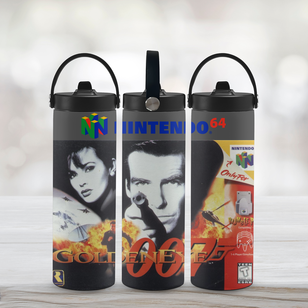 Three water bottles Golden Eye 007 design elements on a light background