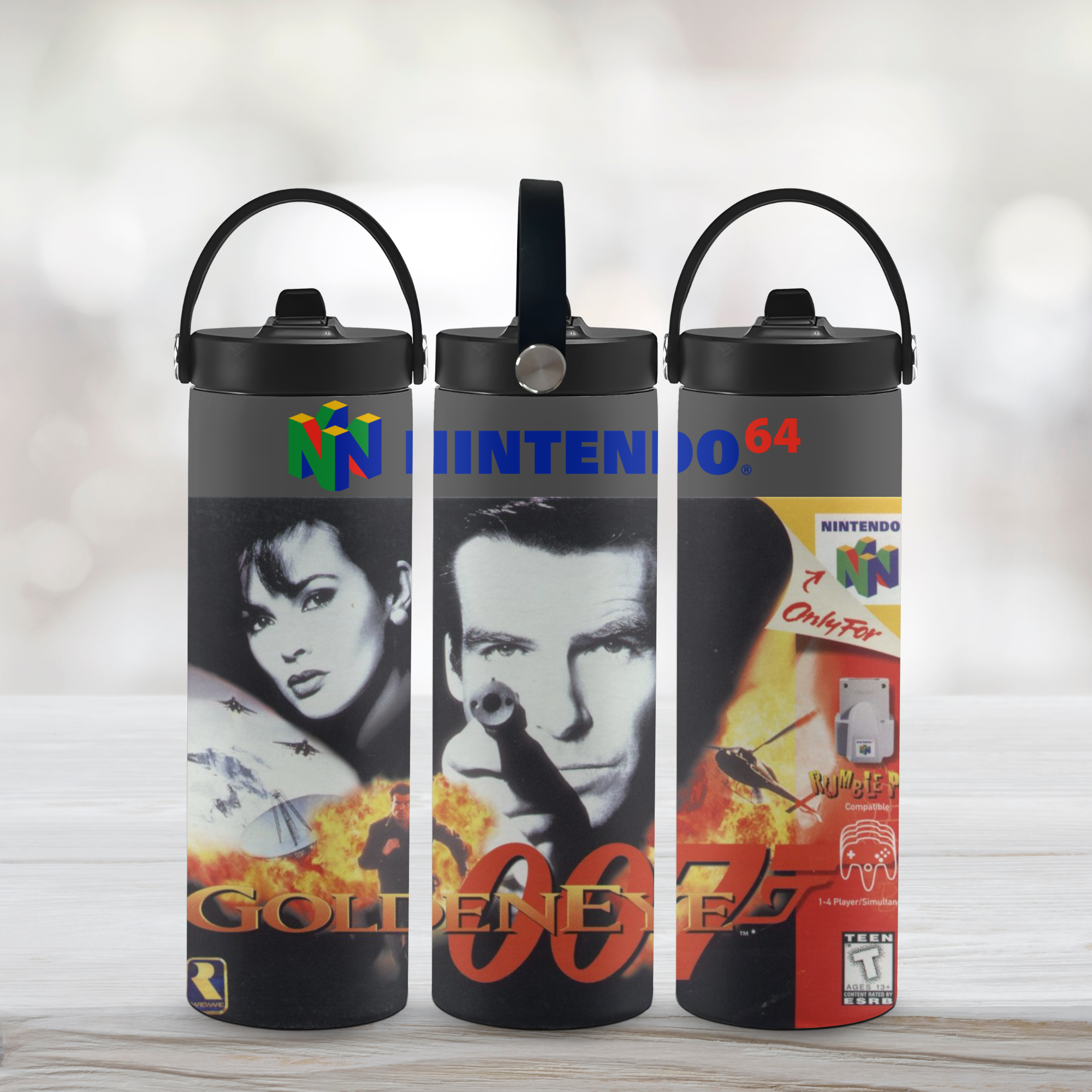 Three water bottles Golden Eye 007 design elements on a light background