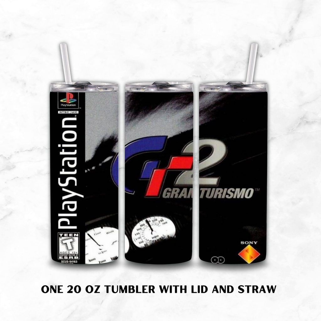 Three views of a 20 oz insulated tumbler with lid and straw, featuring PlayStation and Gran Turismo 2 graphics on a white marble background.