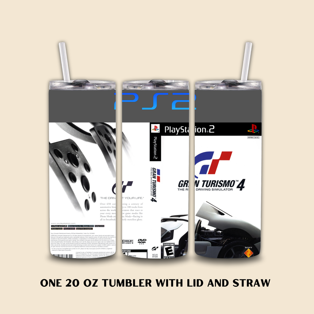 20oz tumbler with PlayStation 2 and Gran Turismo 4 design on a beige background