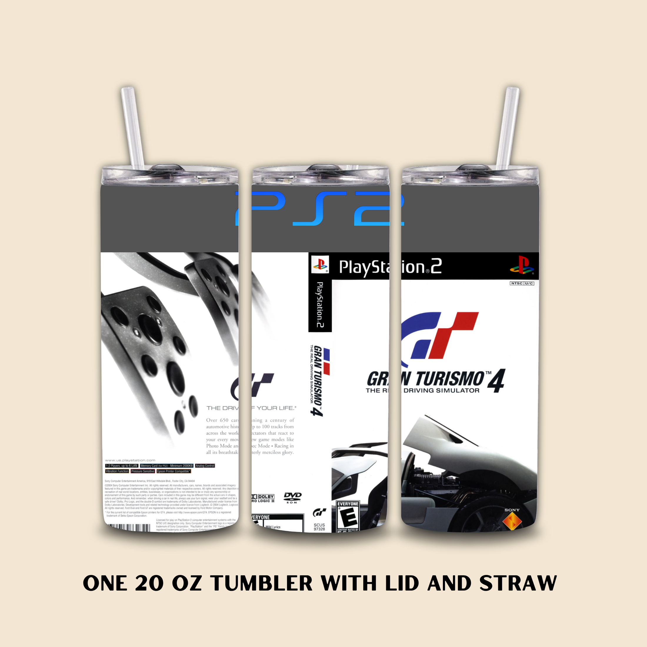 20oz tumbler with PlayStation 2 and Gran Turismo 4 design on a beige background