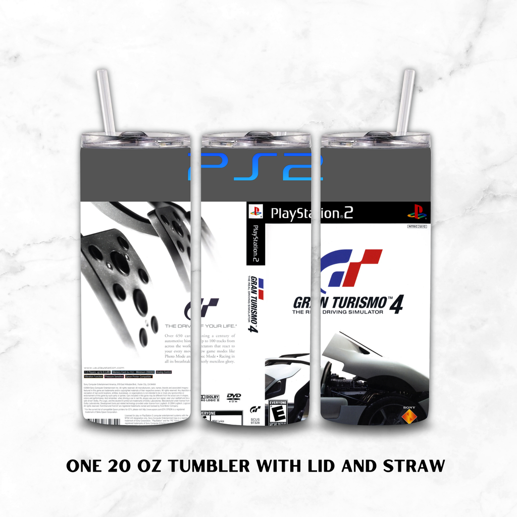 Three views of a 20 oz tumbler with lid and straw, featuring PlayStation 2 and Gran Turismo 4 graphics, displayed on a white marble background.