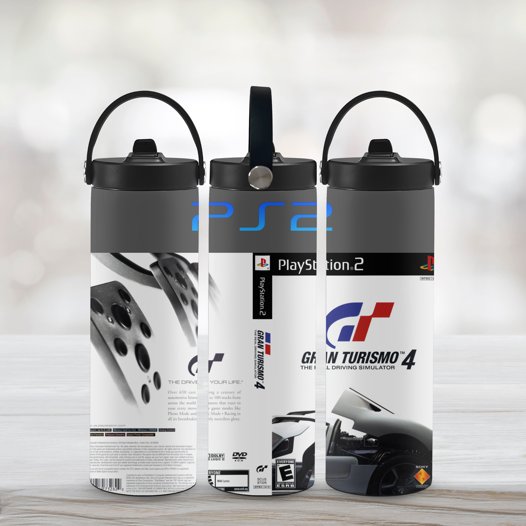 Three sports water bottles with a gran turismo 4 themed on a light background