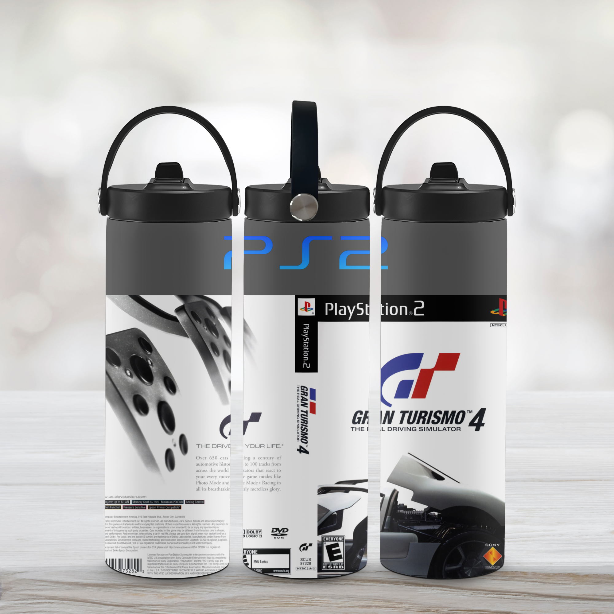 Three sports water bottles with a gran turismo 4 themed on a light background