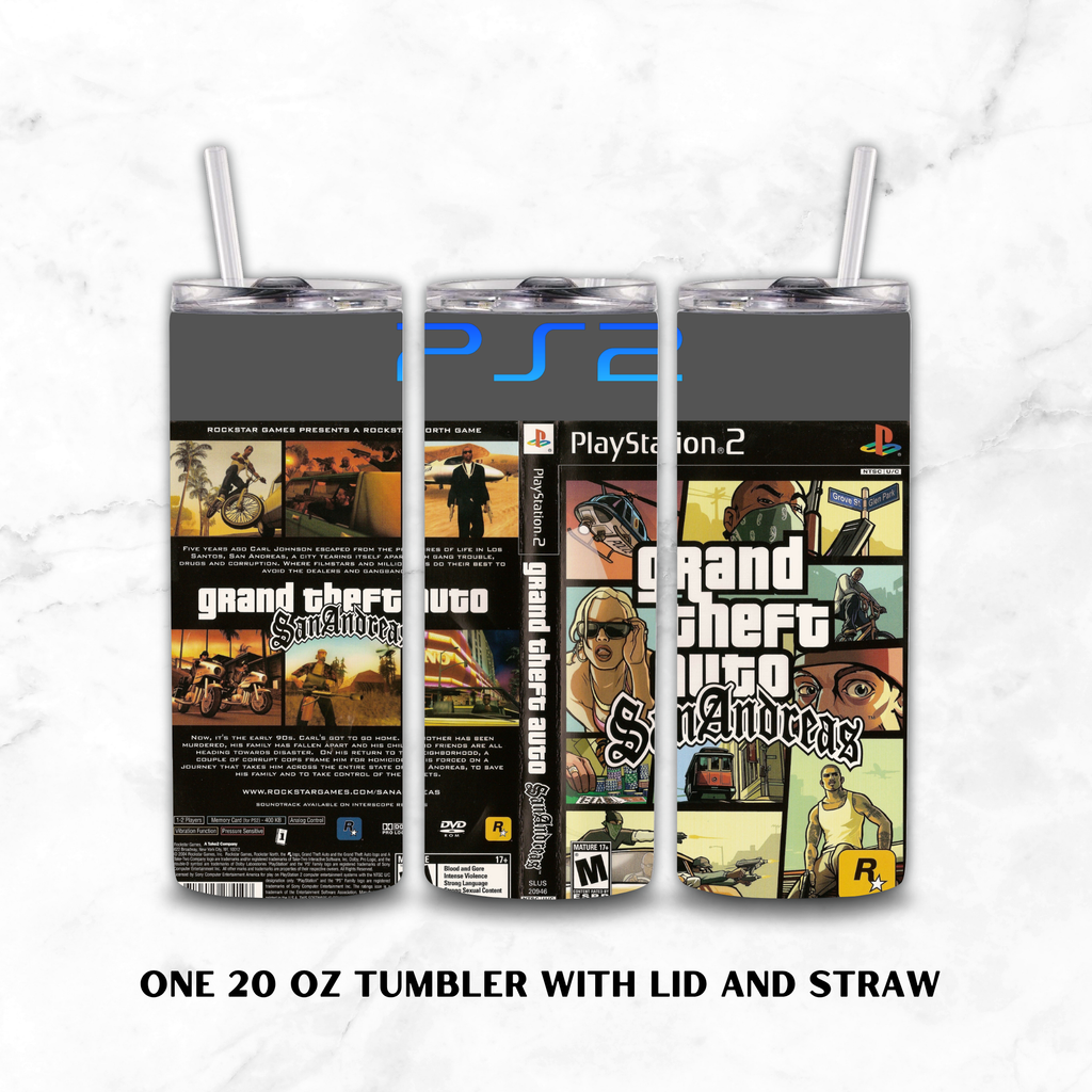 Three views of a 20 oz tumbler with lid and straw, featuring a Grand Theft Auto San Andreas PlayStation 2 themed wrap design, displayed on a white marble background.