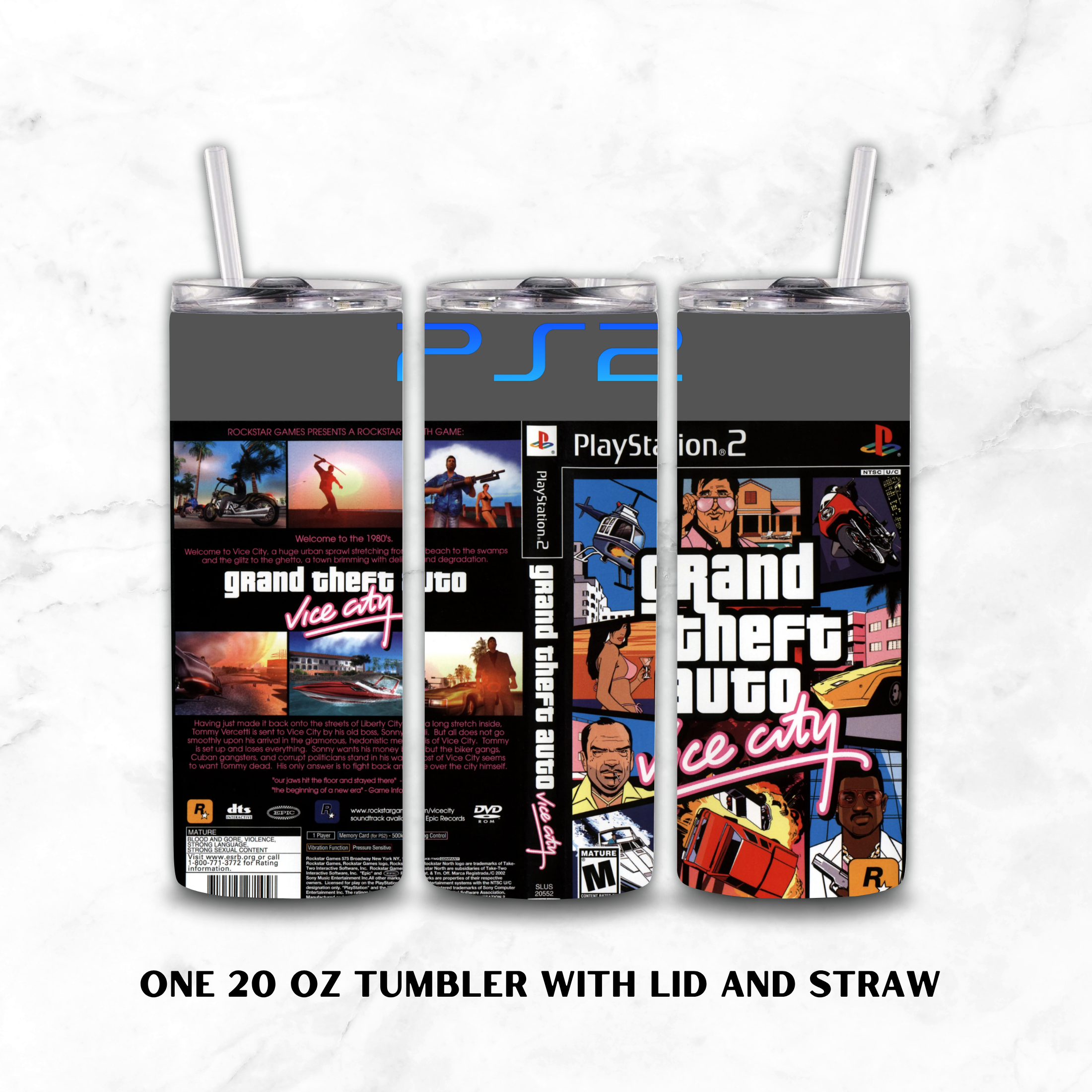 Three views of a 20oz tumbler of GTA Vice City on a white background.