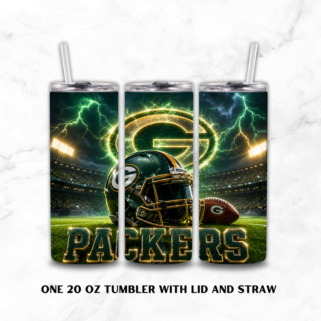 Three Green Bay Packers 20oz custom tumblers with a white background.