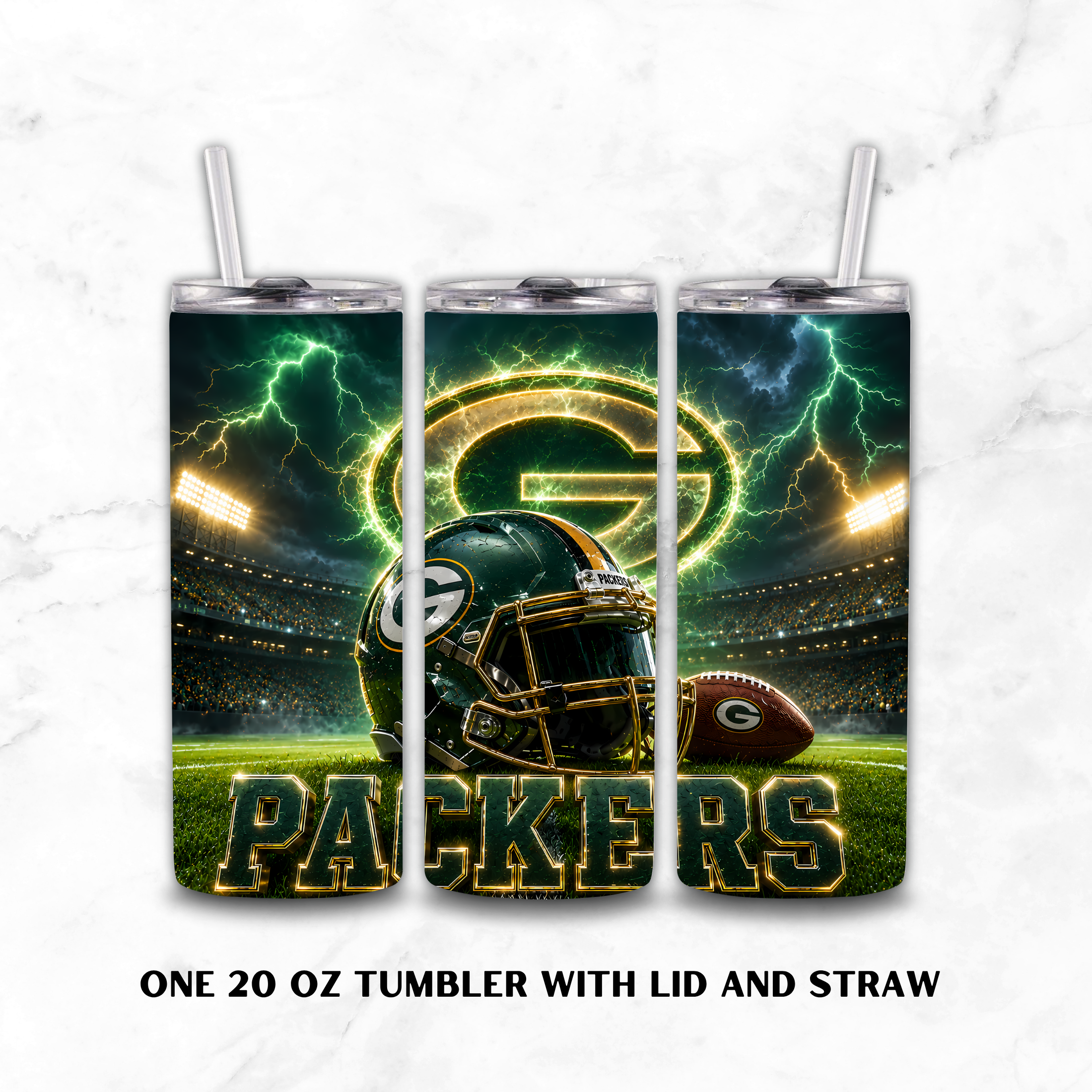 Three Green Bay Packers 20oz custom tumblers with a white background.