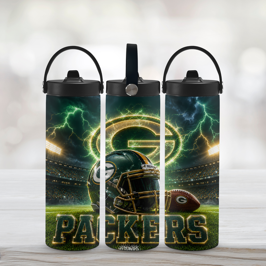 Three Green Bay Packers 20oz custom sports water bottles with a white background.