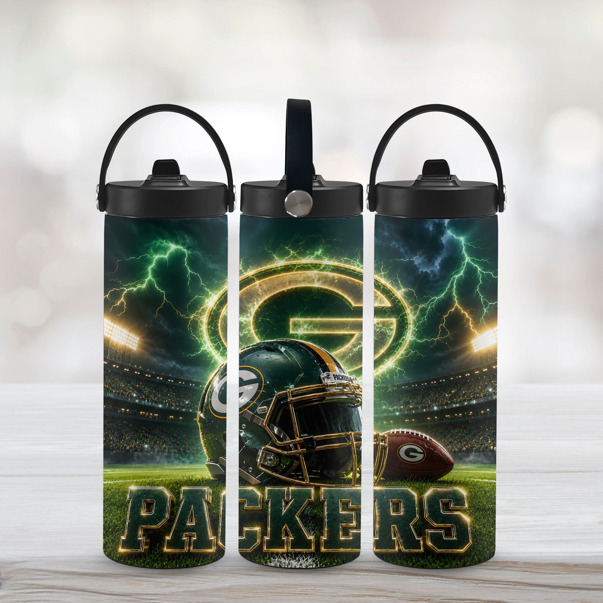 Three Green Bay Packers 20oz custom sports water bottles with a white background.