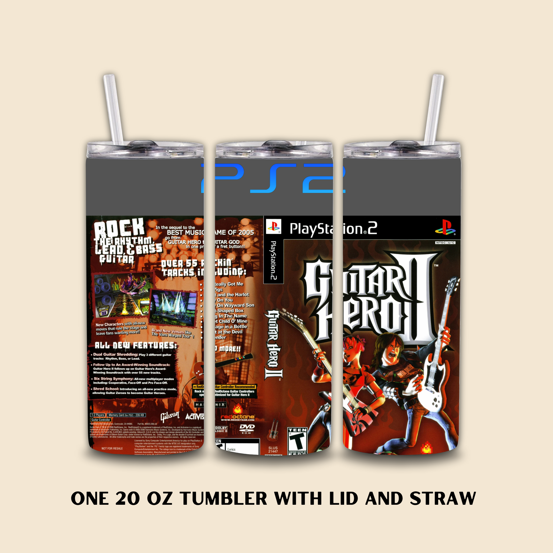 Guitar Hero-II themed20oz tumbler with lid and straw on a beige background
