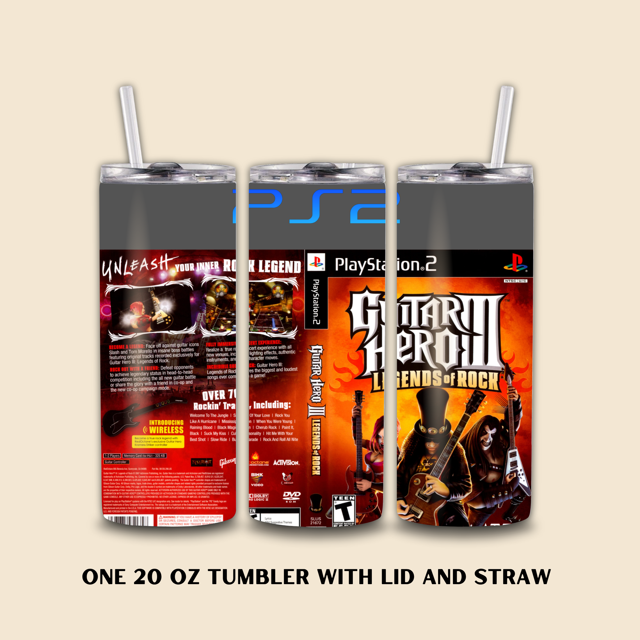 Three 20 oz tumblers with lids and straws featuring Guitar Hero III game covers on a beige background.