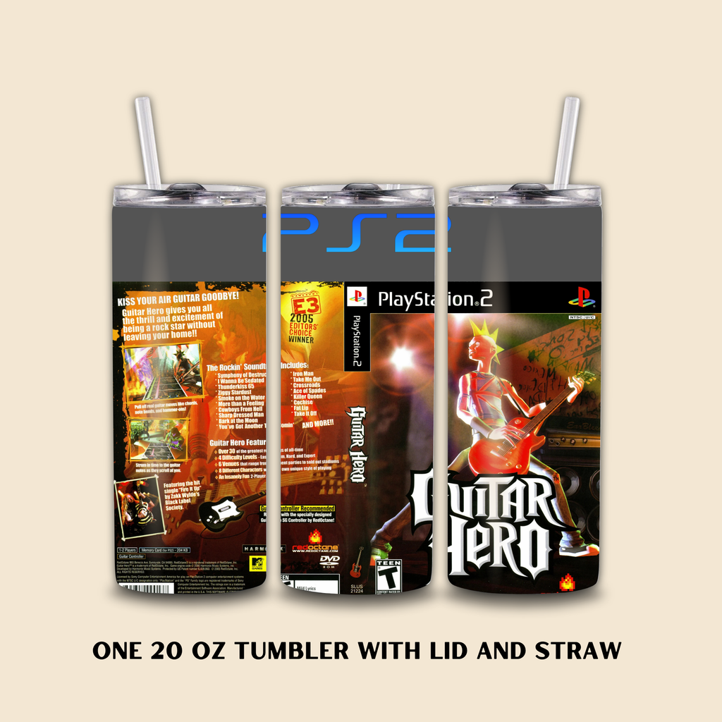Three tumbler with lids and straws featuring Guitar Hero and PlayStation 2 branding on a beige background.