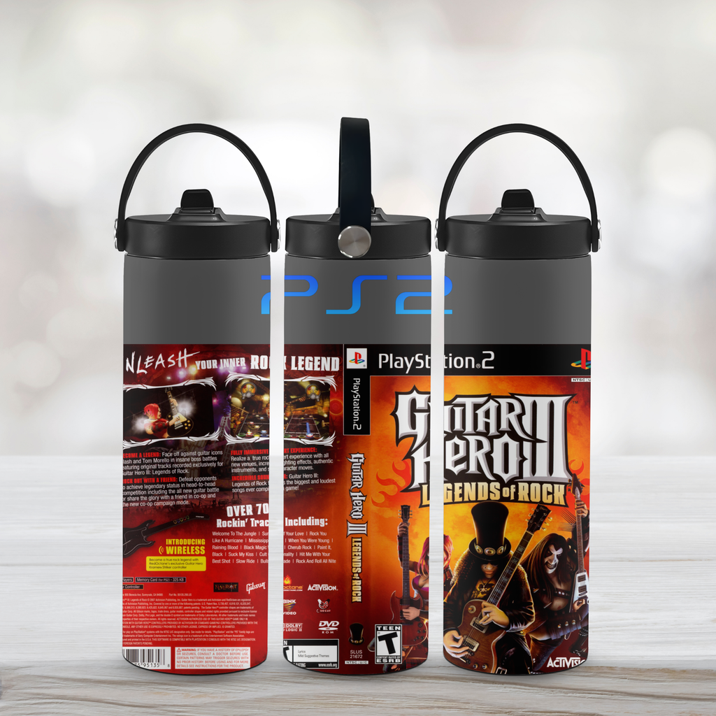 Three sports water bottles with 'Guitar Hero III: Legends of Rock' PlayStation 2 game branding on a light gray background.