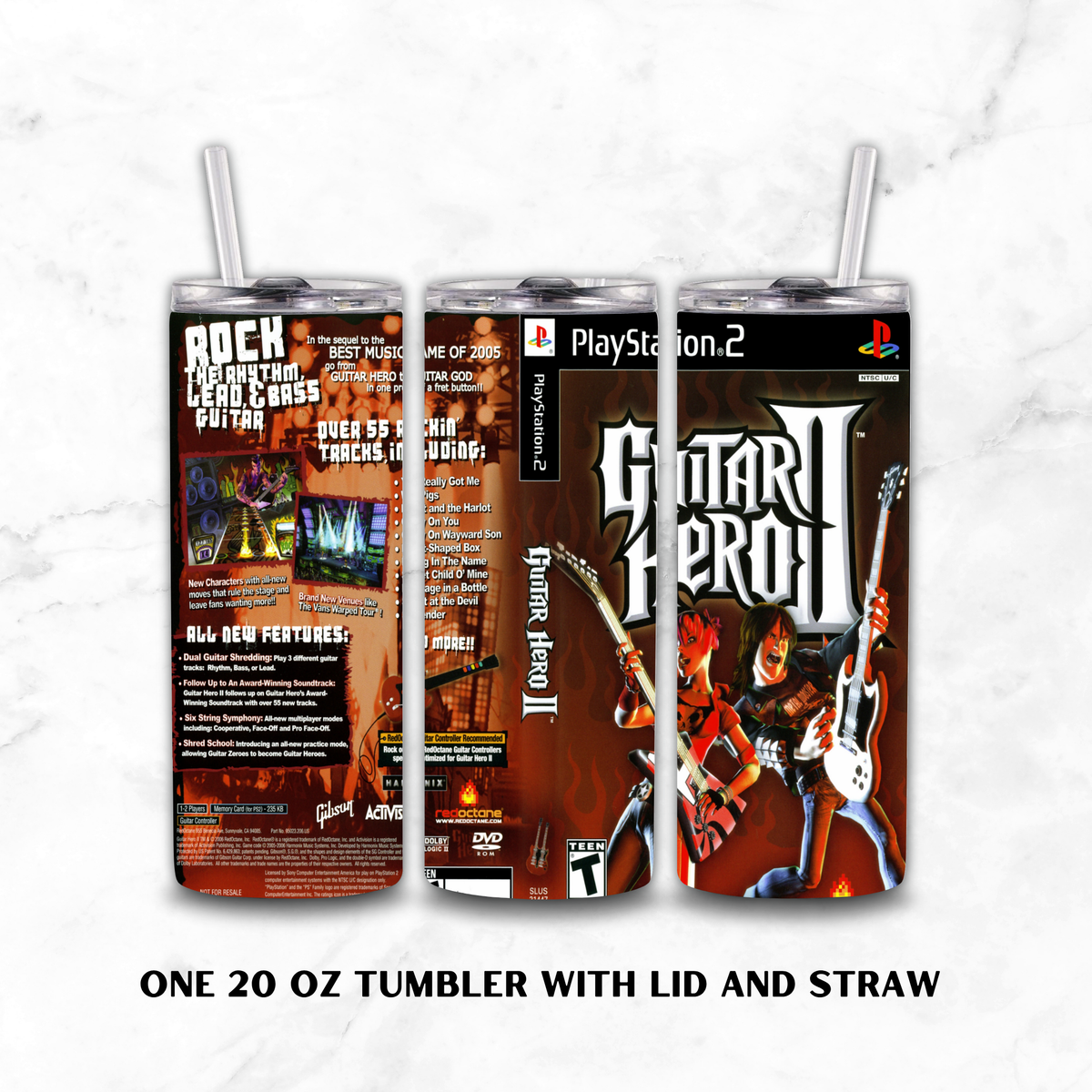 Three views of a 20 oz insulated tumbler with lid and straw, printed with a PlayStation 2 Guitar Hero II rock theme wrap, shown on a white marble background with text reading 'ONE 20 OZ TUMBLER WITH LID AND STRAW'.