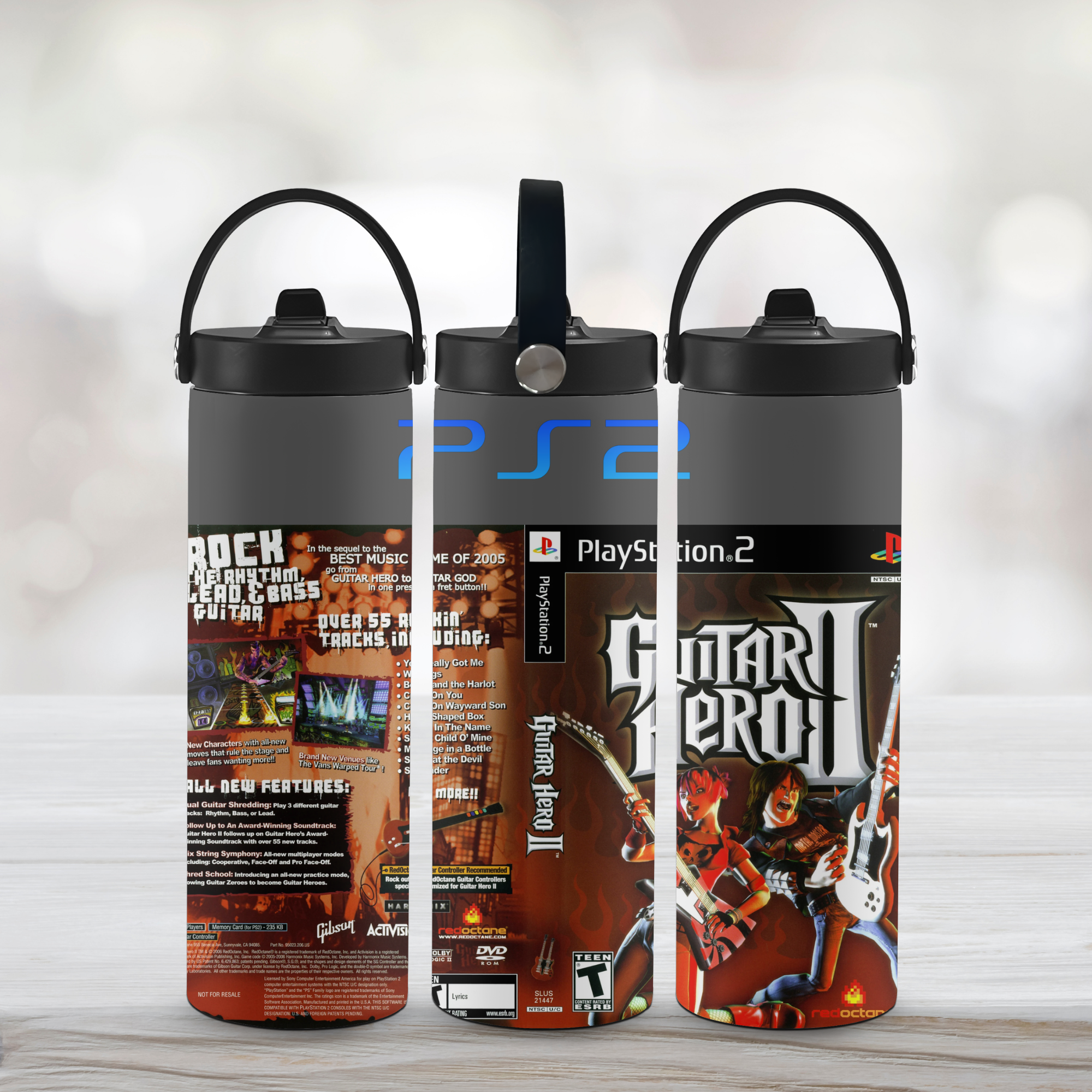 Three sports water bottle designs inspired by PlayStation 2 gaming console and Guitar Hero II game.