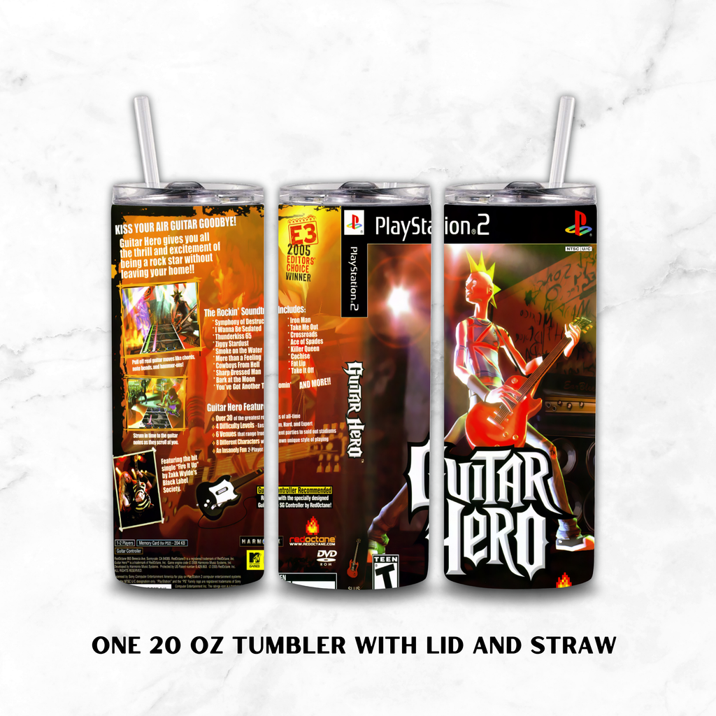 Three views of a 20 oz tumbler with lid and straw, featuring a Guitar Hero PlayStation 2 themed wrap design, displayed on a white marble background with text at the bottom.