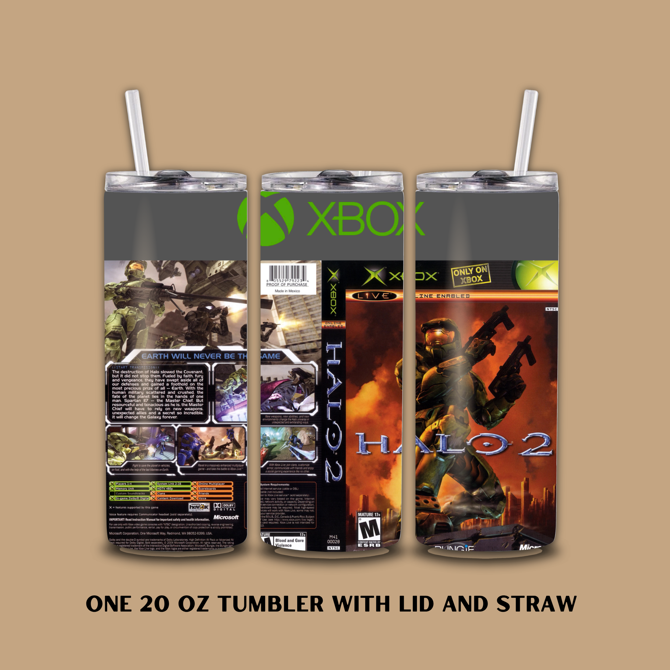 Three tumbler with lids and straws featuring Xbox and Halo 2 graphics on a beige background.