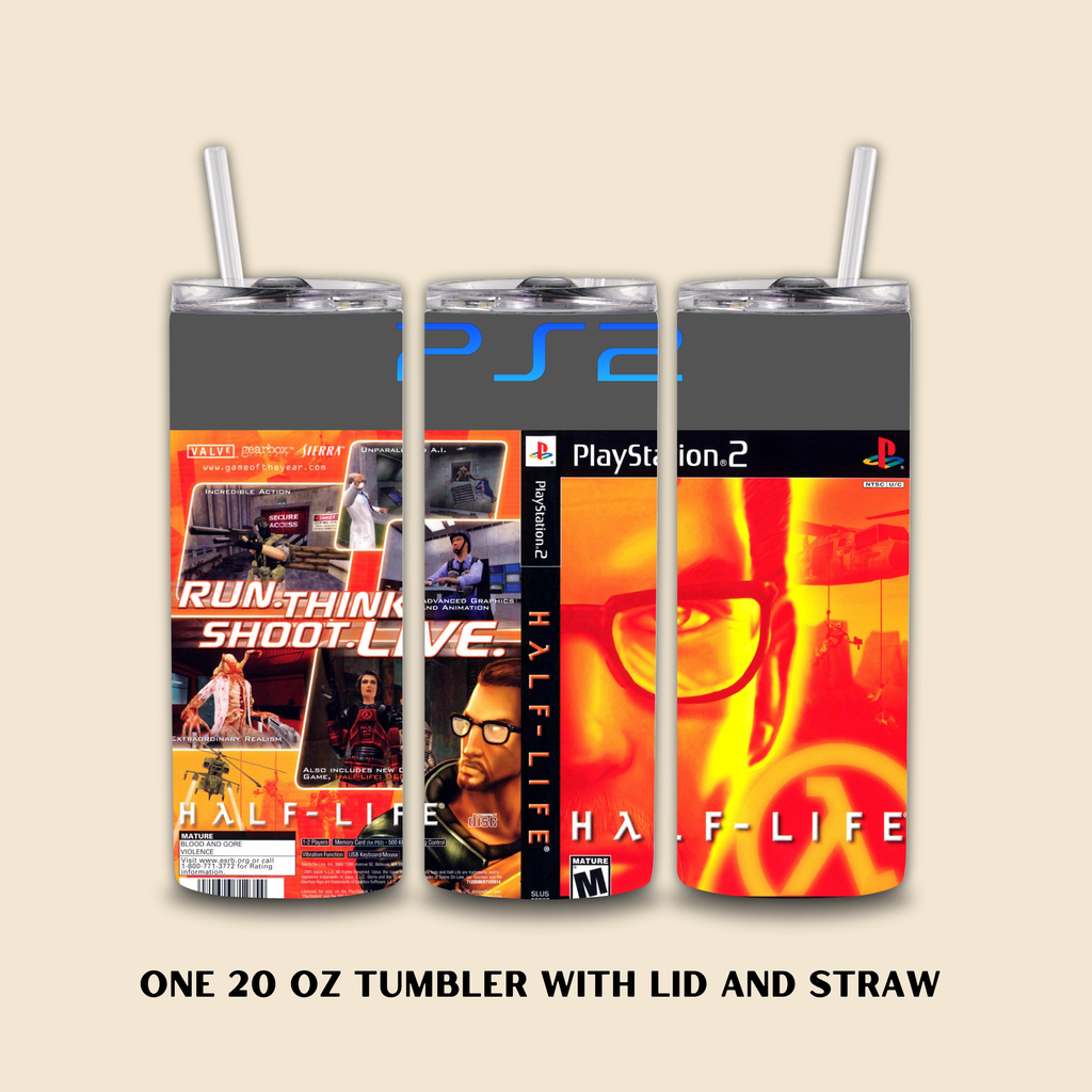20oz tumbler with PlayStation 2 and Half-Life design on a beige background