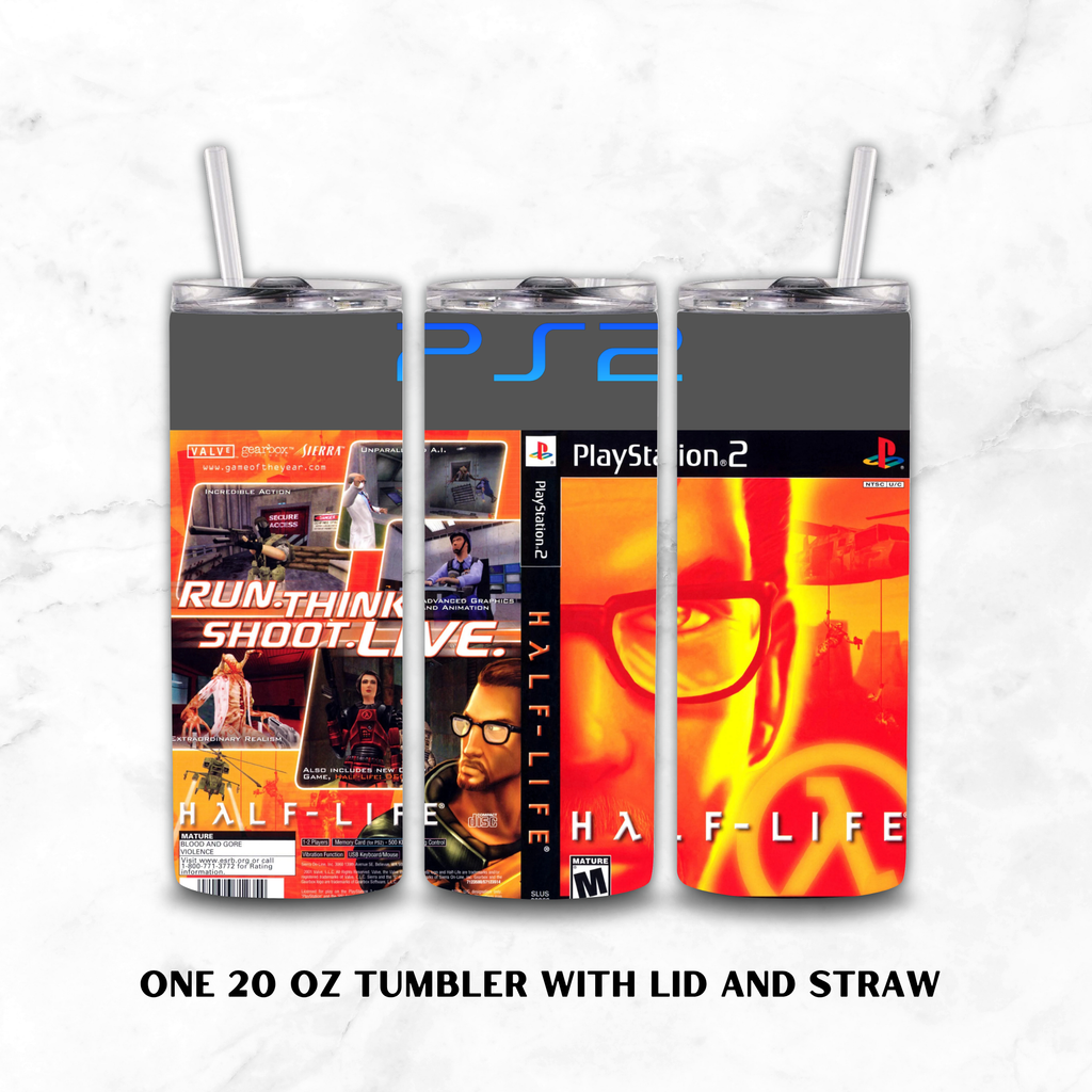 Three 20 oz tumblers with lids and clear straws shown on a white marble background, each wrapped in a PlayStation 2 themed skin featuring Half-Life artwork. The tumblers have dark gray upper sections with blue PS2 lettering, and the artwork below includes red, orange, black, and white graphics.