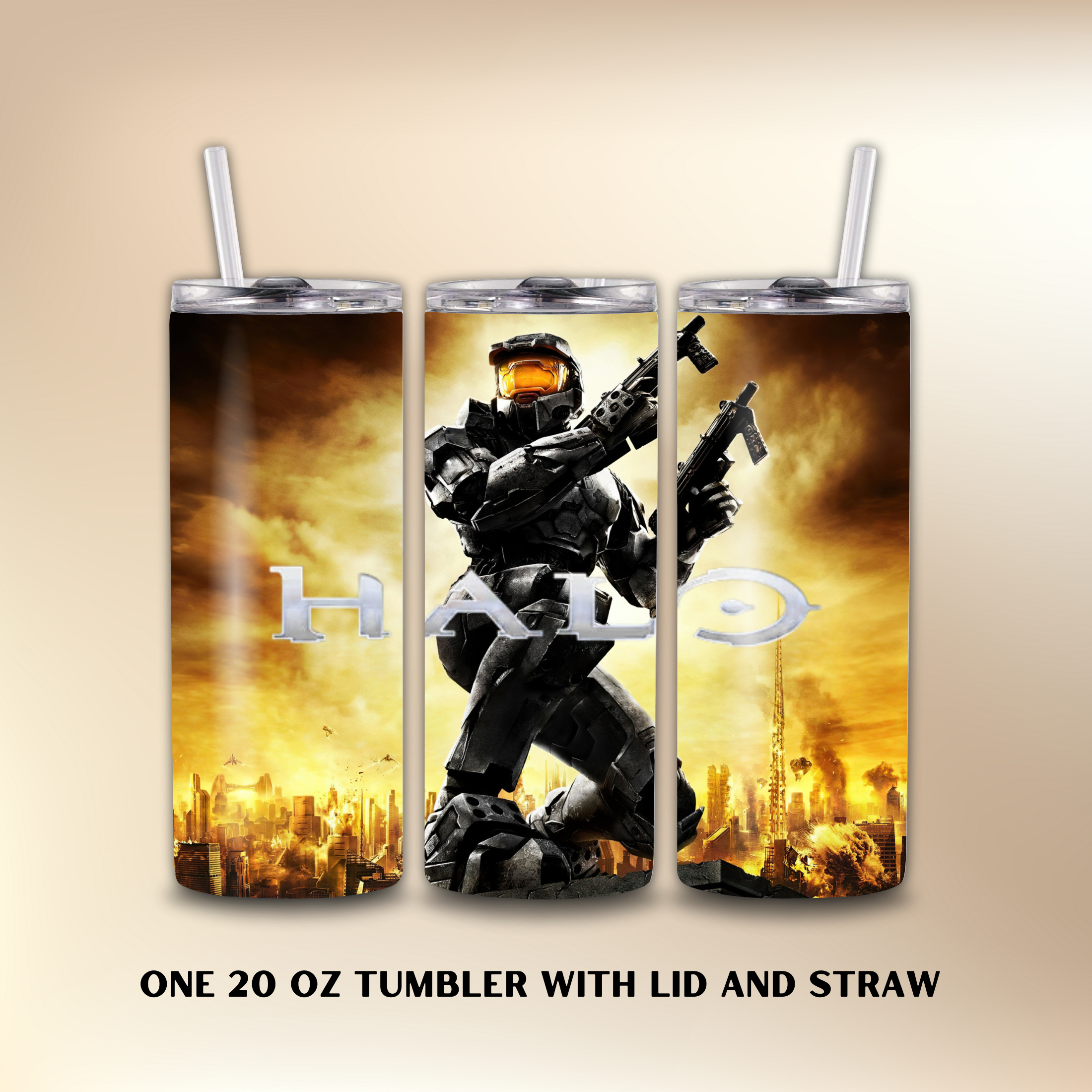 Three 'Halo' themed 20 oz tumblers with a character on a beige background.