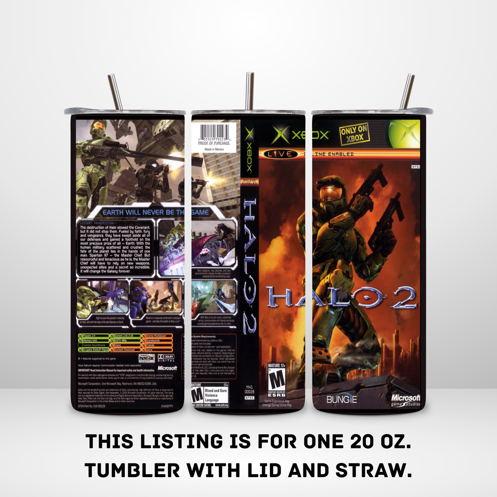 Three views of a 20 oz tumbler with lid and straw, printed with Halo 2 game box artwork, shown on a light gray background with text stating the listing is for one 20 oz tumbler with lid and straw.