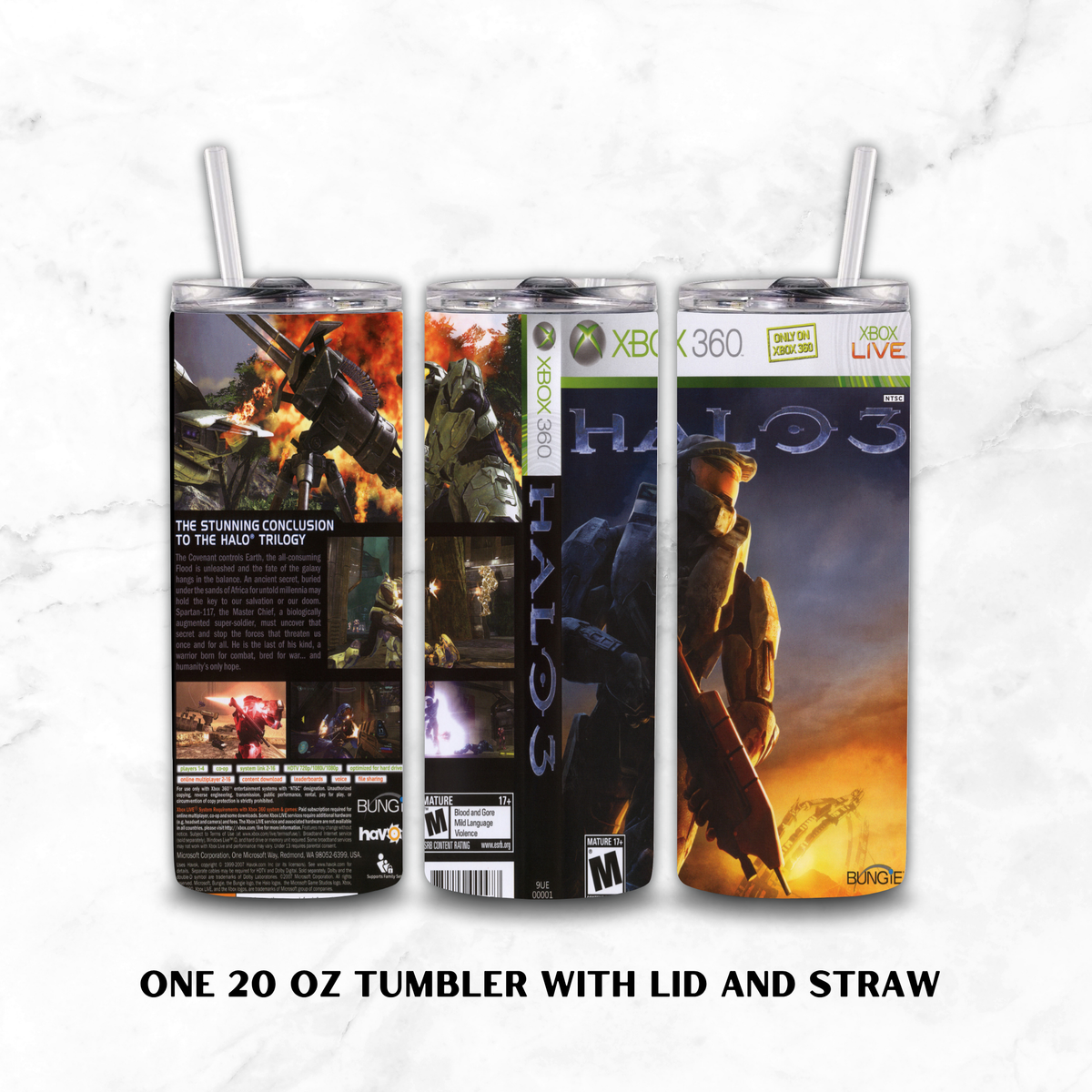 Three views of a 20 oz tumbler with lid and straw, printed with Halo 3 video game artwork on a white marble background. The image shows the front, back, and side of the tumbler wrap, with Xbox and Bungie branding visible on the printed design.