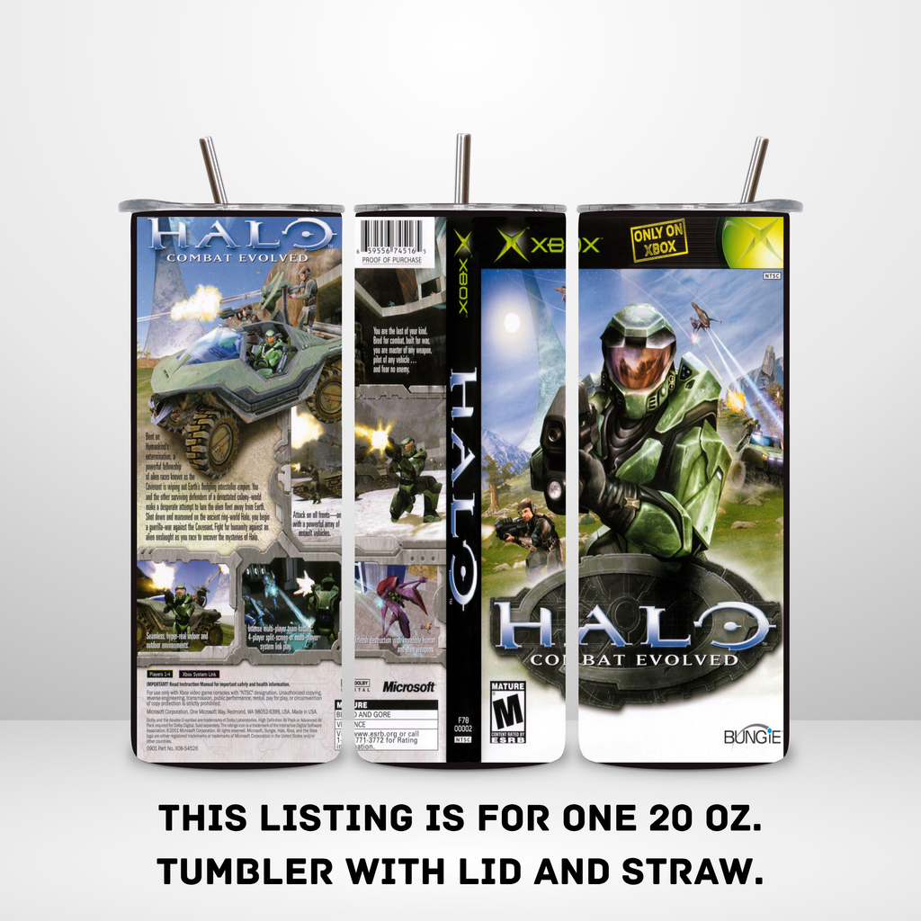 Three views of a 20 oz tumbler with lid and straw printed with Halo: Combat Evolved box art, shown on a light gray background with text stating the listing is for one 20 oz tumbler with lid and straw.