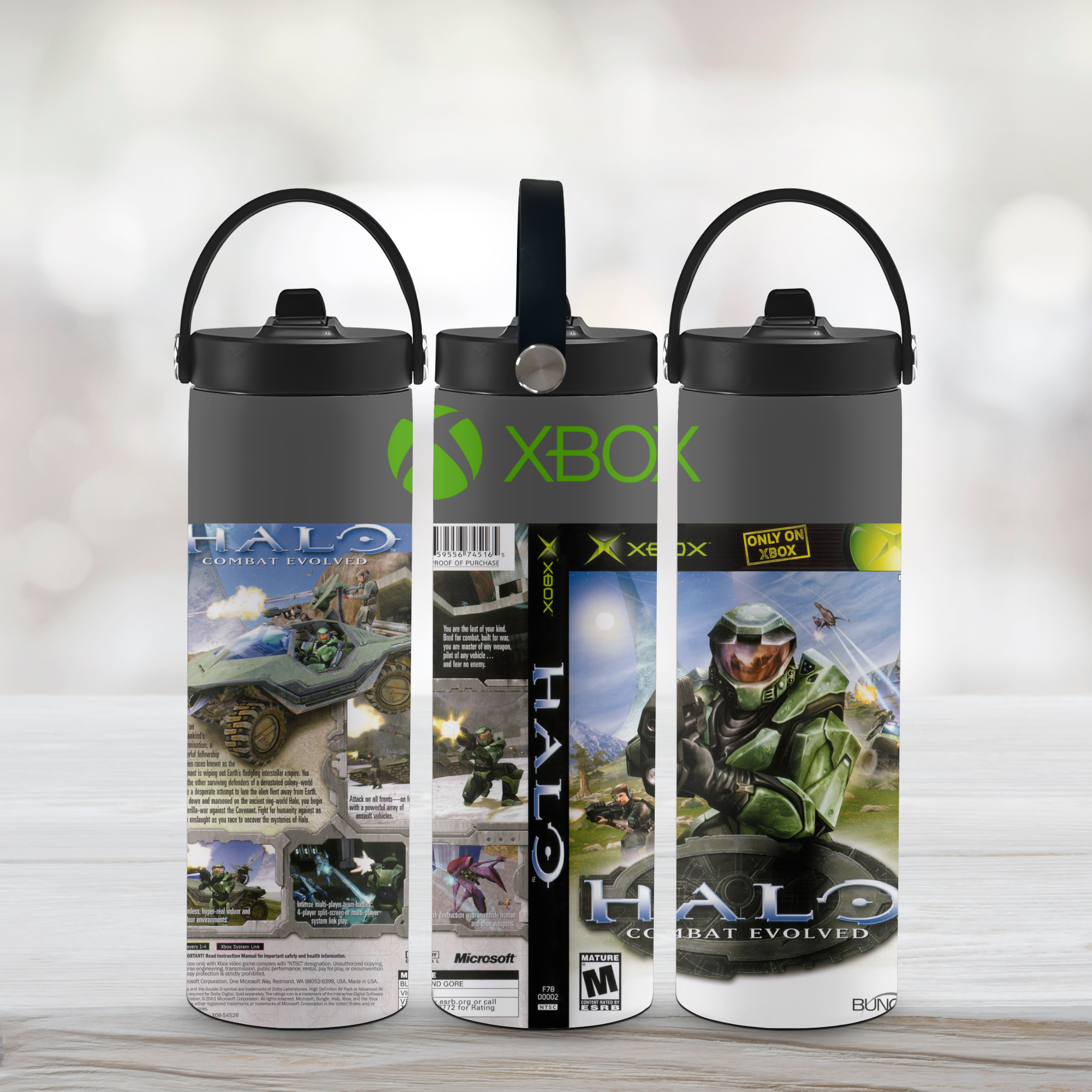 Three sports water bottle with Halo Combat Evolved theme