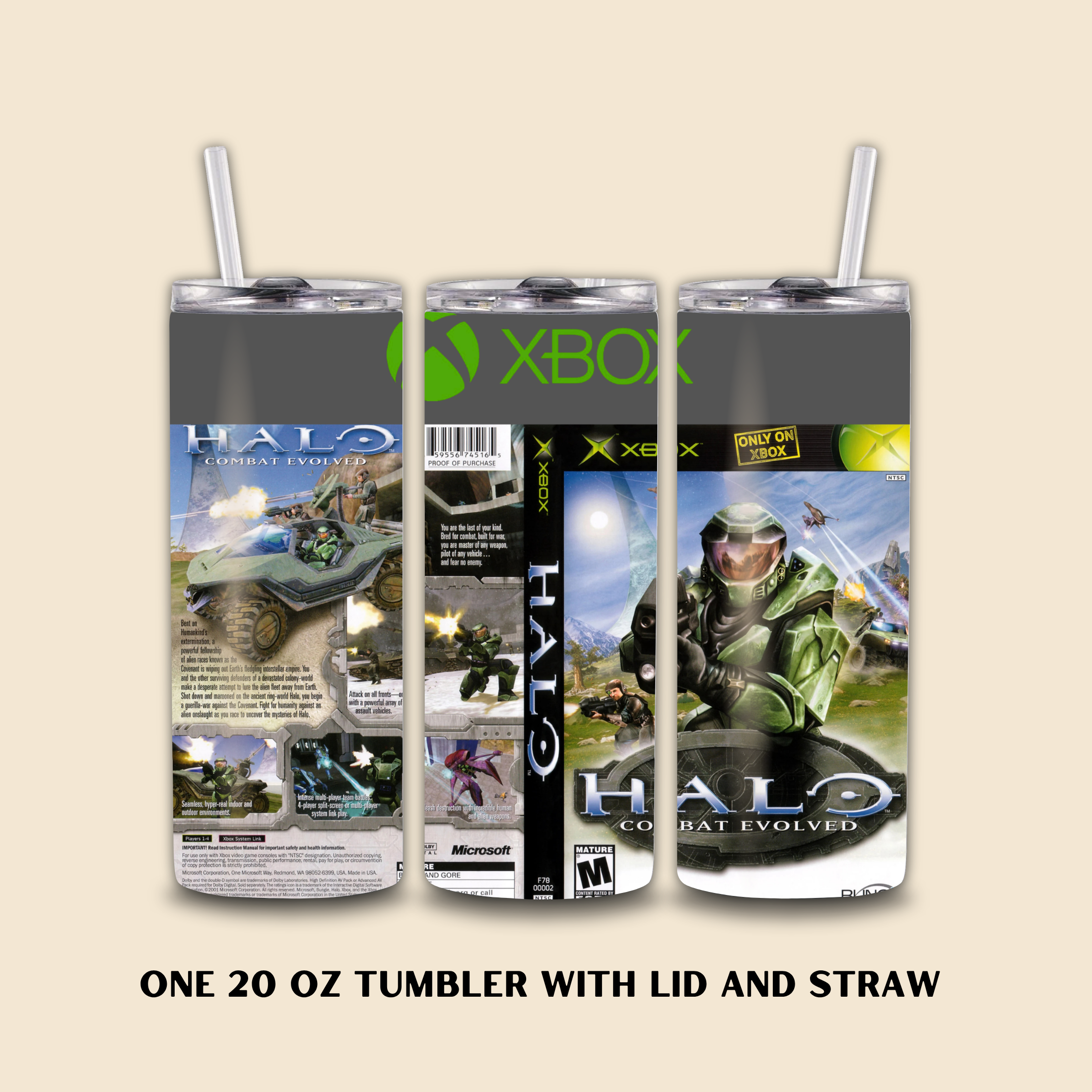 20oz Tumbler with Halo Combat Evolved on a beige background 
