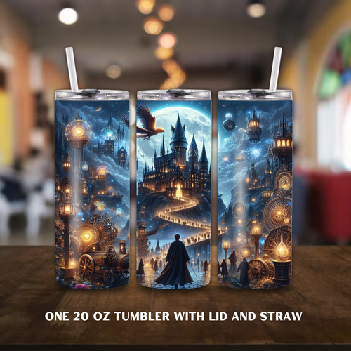 Harry Potter inspired of three 20 oz tumblers with a castle and lantern design on a wooden surface.