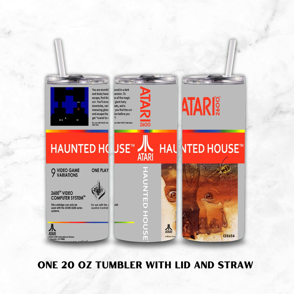 Three views of a 20 oz stainless steel tumbler with lid and straw, featuring Atari's 'Haunted House' video game theme on a white marble background.
