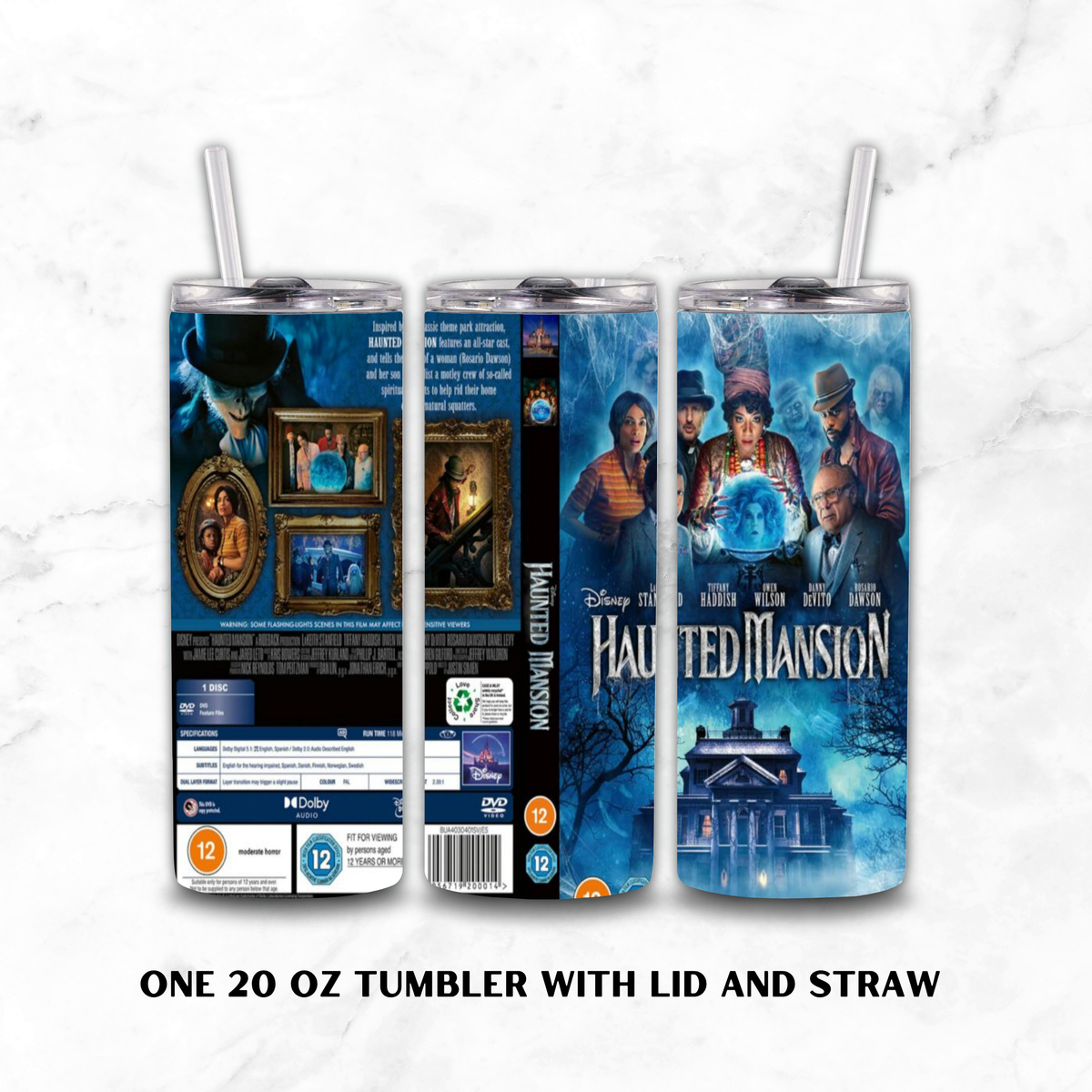 Three views of a 20 oz tumbler with lid and straw, featuring a Disney Haunted Mansion movie wrap design, shown on a white marble background with text reading 'ONE 20 OZ TUMBLER WITH LID AND STRAW'.