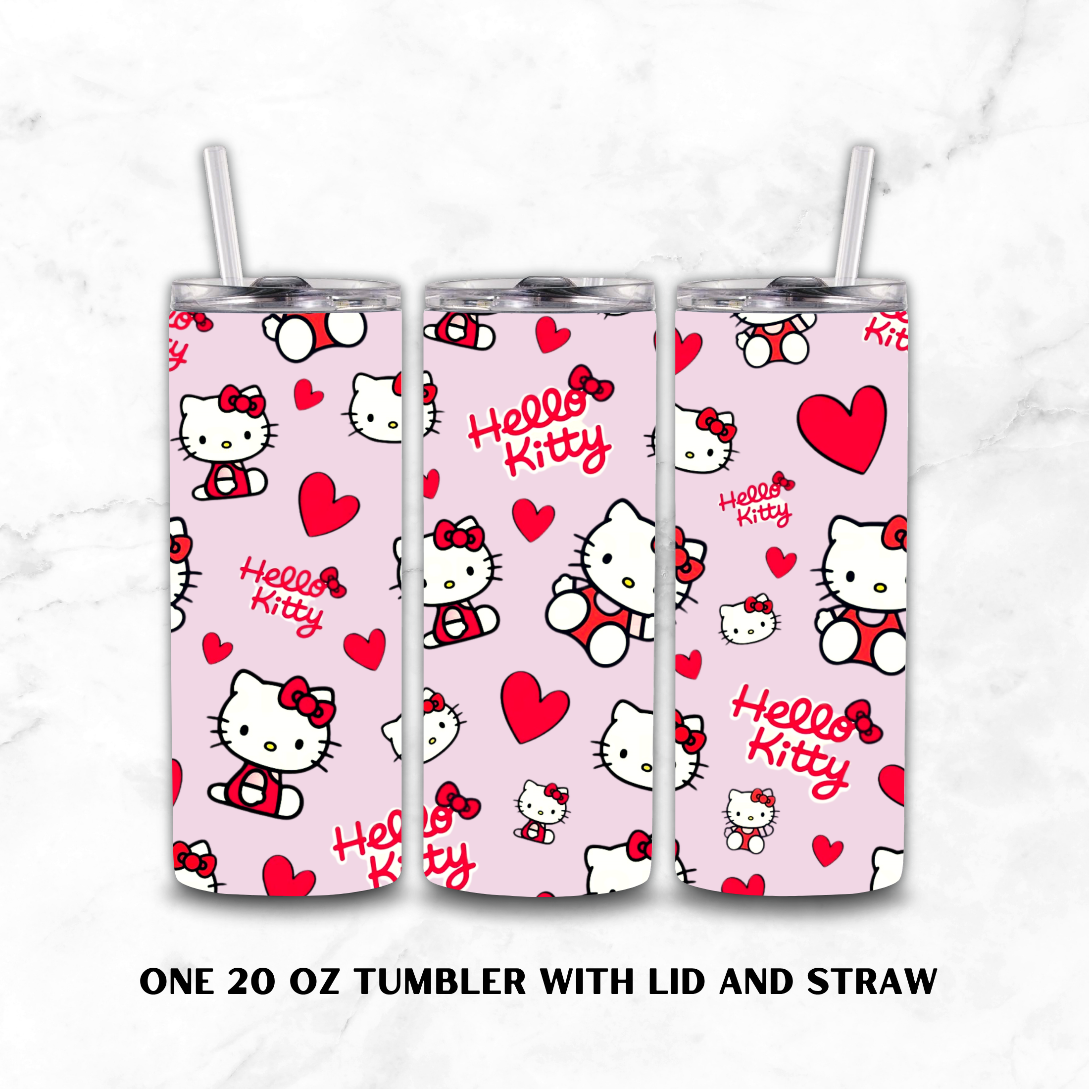 Three views of a 20 oz stainless steel tumbler with lid and straw, featuring a Hello Kitty pattern on a light pink background with red hearts and red text. The tumbler is shown against a white marble background with the text 'ONE 20 OZ TUMBLER WITH LID AND STRAW' below.