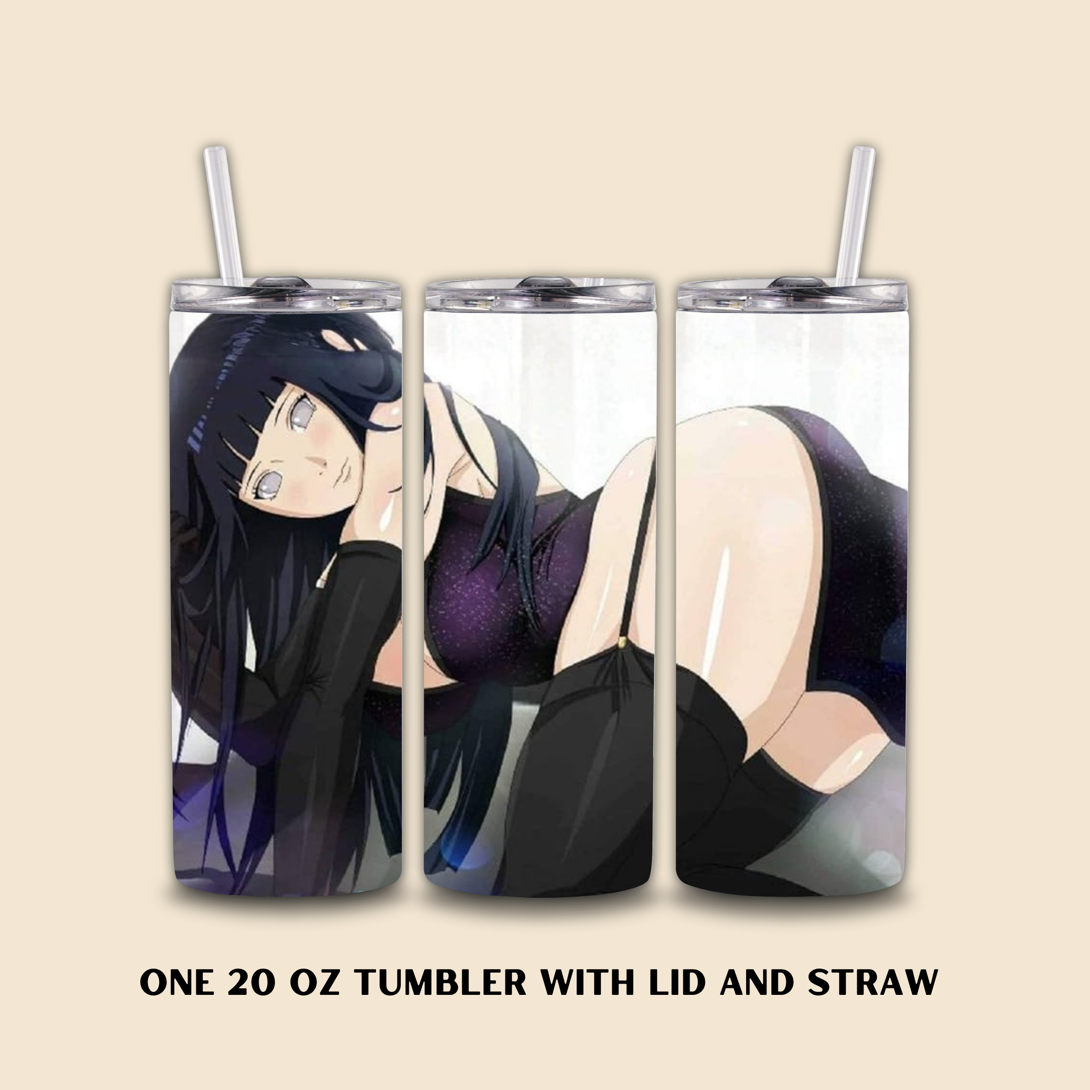 Three 20oz Tumbler with Hinata Hyuga design on a beige background