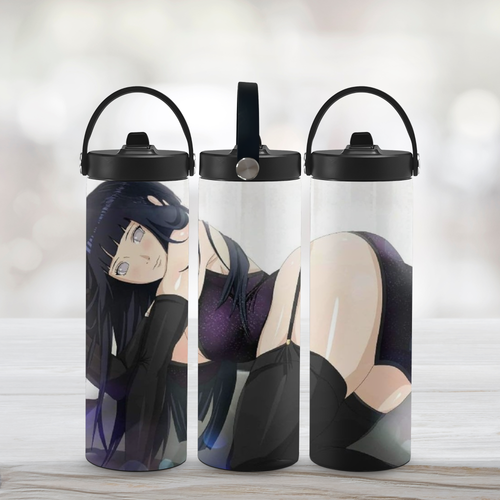 Three sports water bottles with Hinata Hyuga design on a light background