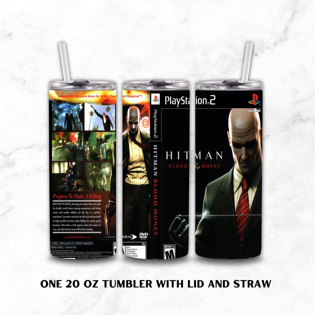 Three views of a 20 oz tumbler with lid and straw, featuring a PlayStation 2 Hitman Blood Money skin wrap, displayed on a white marble background.