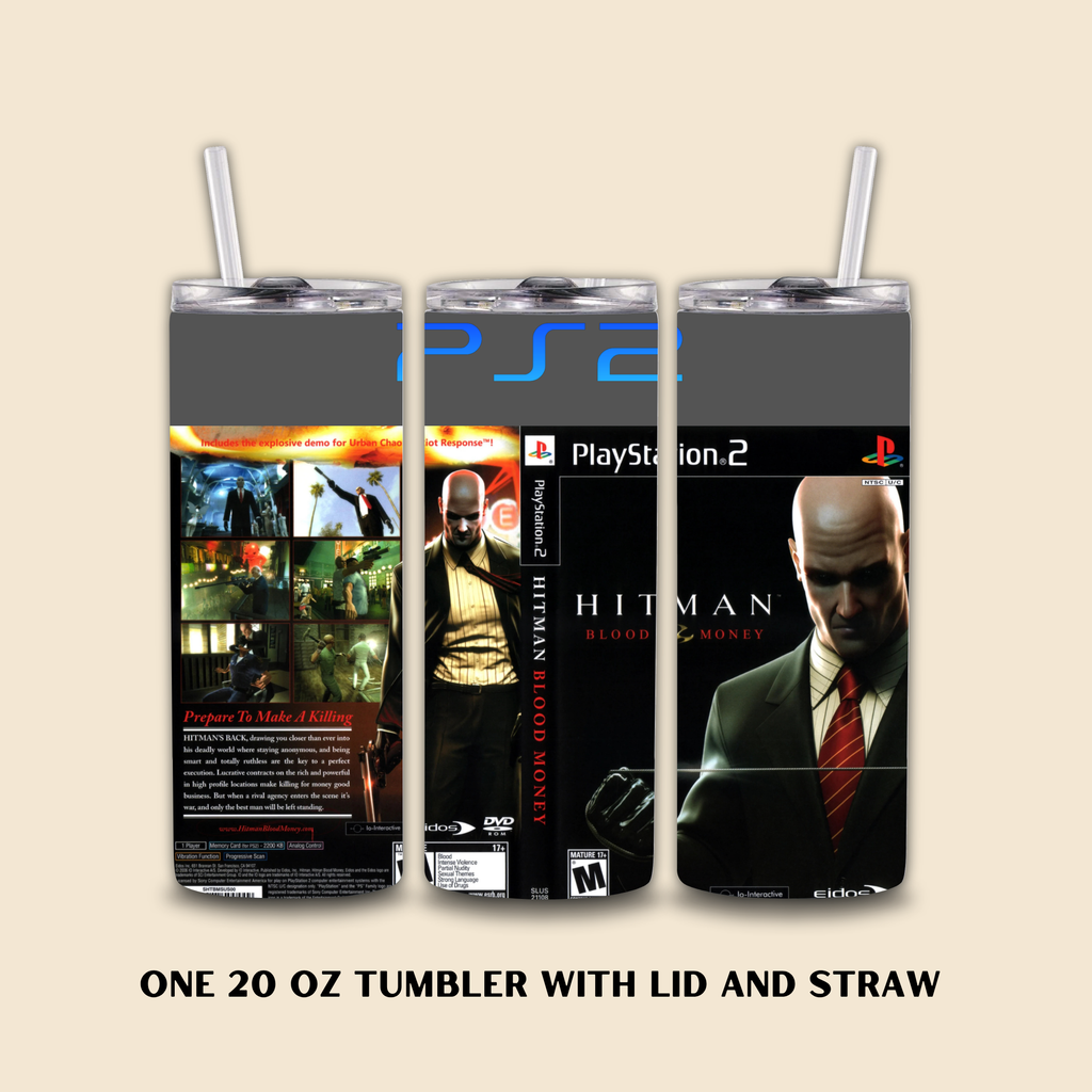 PlayStation 2 'Hitman Blood Money' themed 20oz tumbler with lid and straw on a beige background